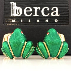 Berca Green Hand Enameled Frog Shaped Sterling Silver Gold-Plated Cufflinks
