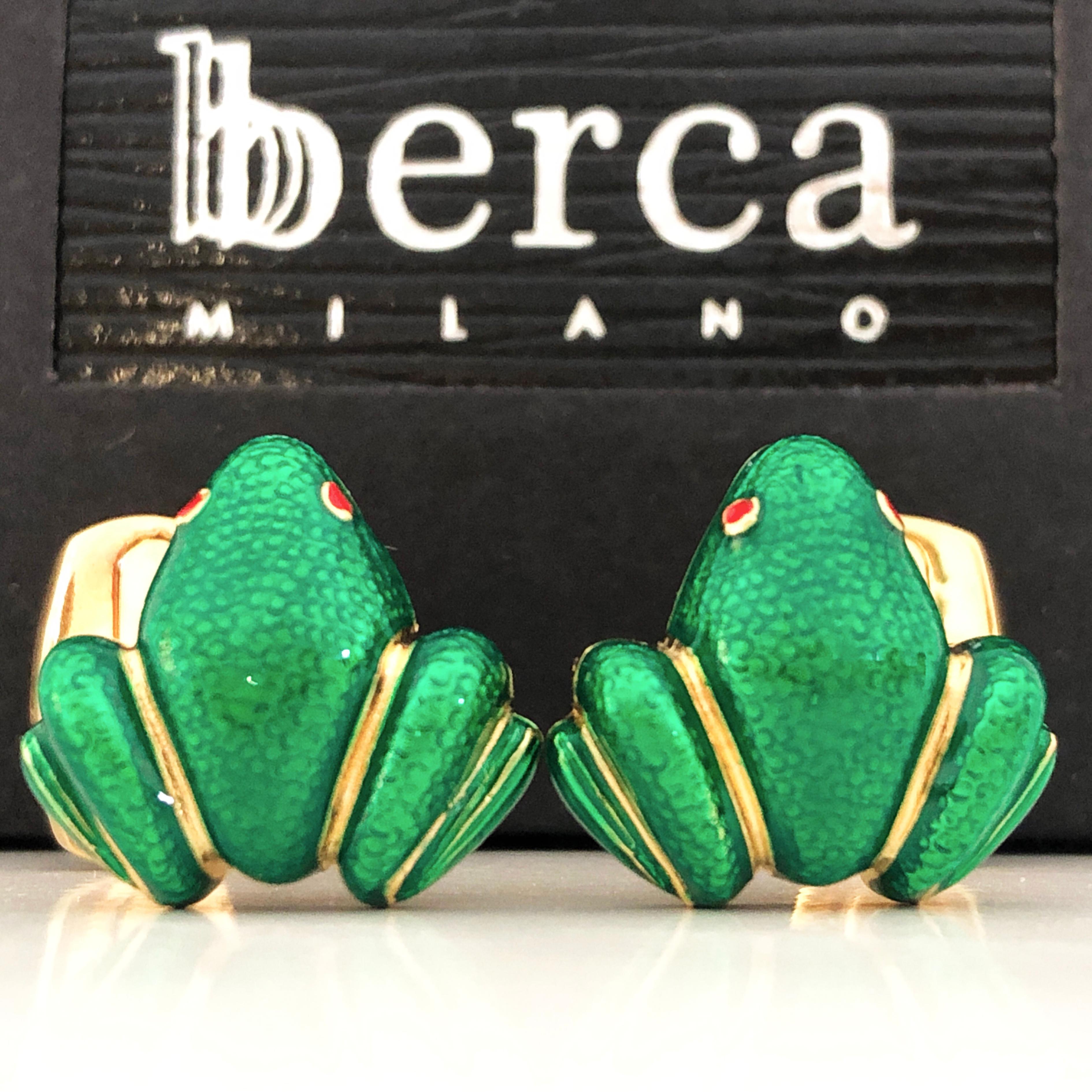Unique and Chic Emerald Green Hand Enamelled Little Frog Shaped T-Bar Back, Sterling Silver Yellow Gold Plated Cufflinks.
In our smart black box and Pouch.
Express Shipping is still available to all destinations.
