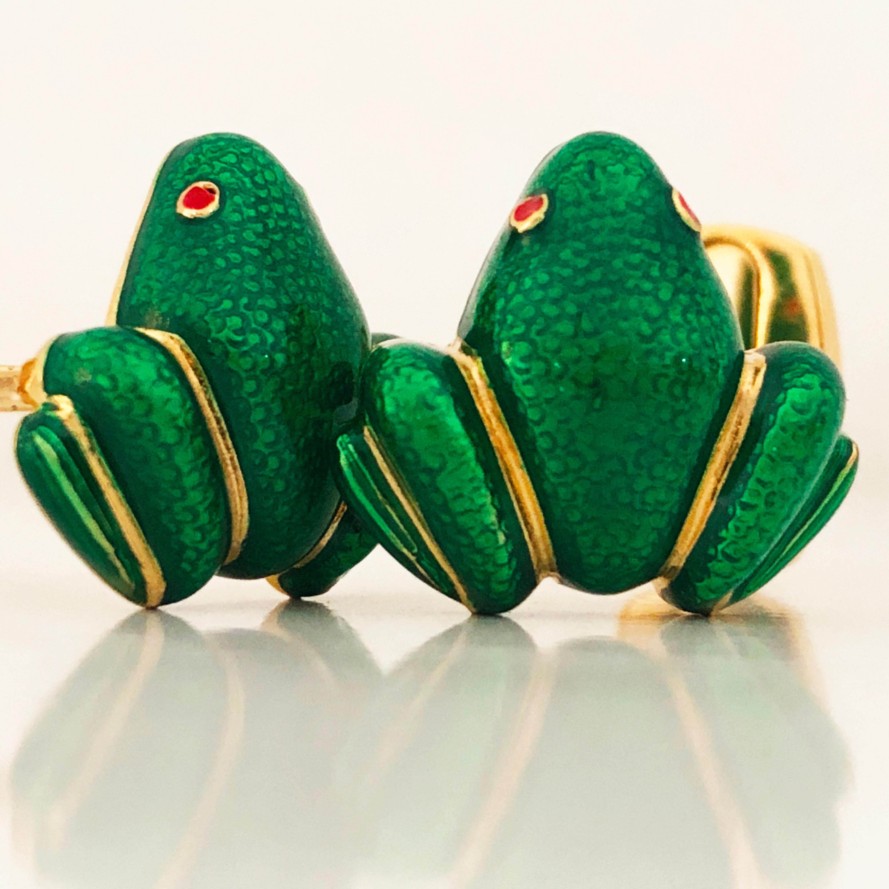 Contemporary Berca Green Hand Enameled Frog Shaped Sterling Silver Gold-Plated Cufflinks For Sale