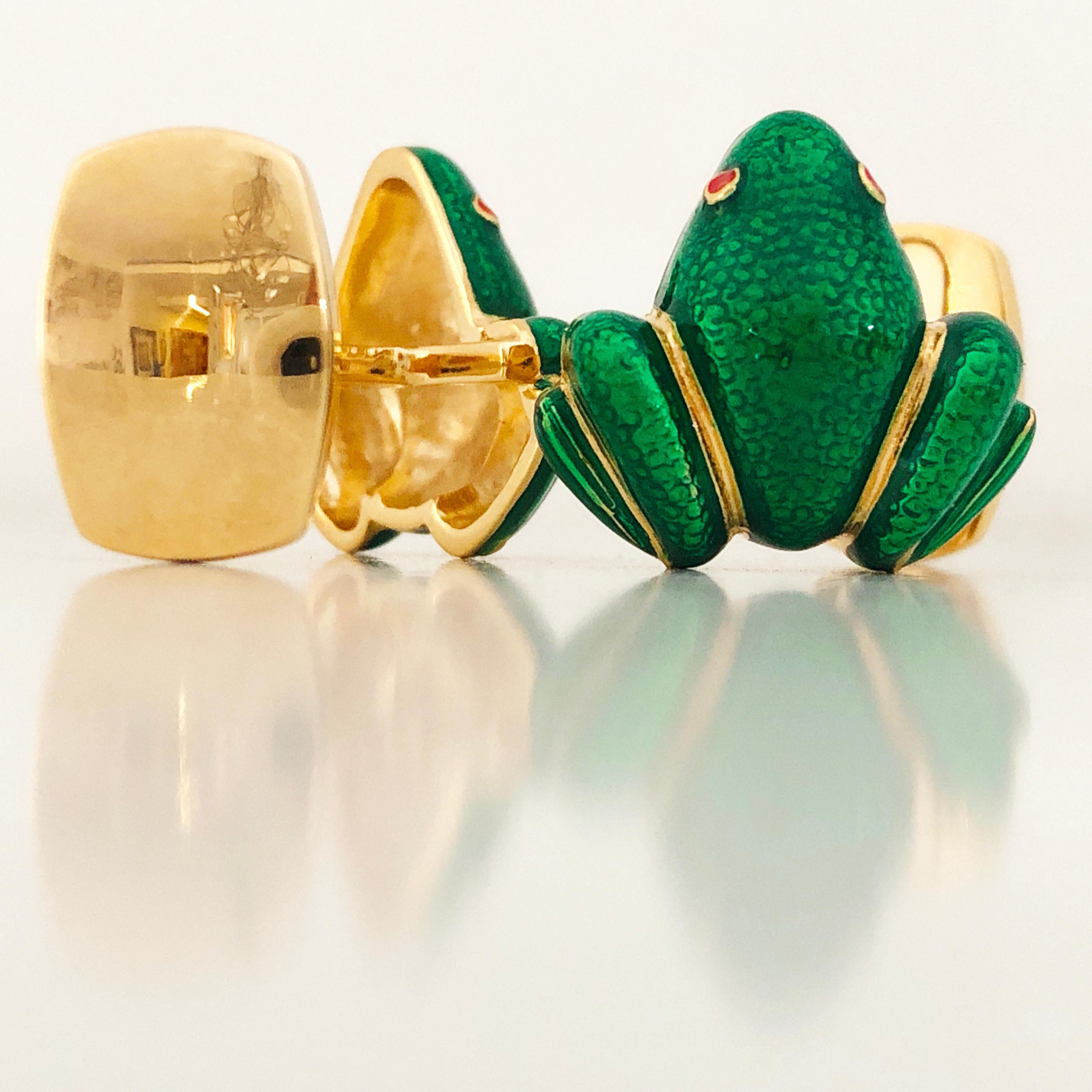 Contemporary Berca Green Hand Enameled Frog Shaped Sterling Silver Gold-Plated Cufflinks For Sale