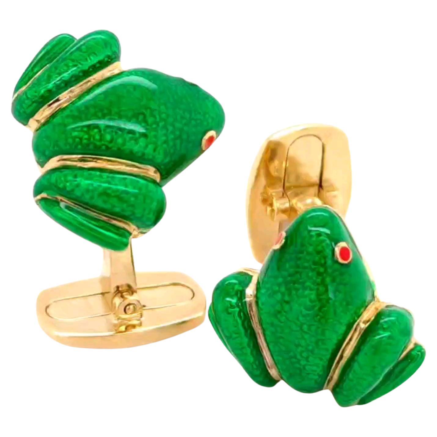 Berca Green Hand Enameled Frog Shaped Sterling Silver Gold-Plated Cufflinks For Sale