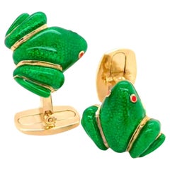 Berca Green Hand Enameled Frog Shaped Sterling Silver Gold-Plated Cufflinks