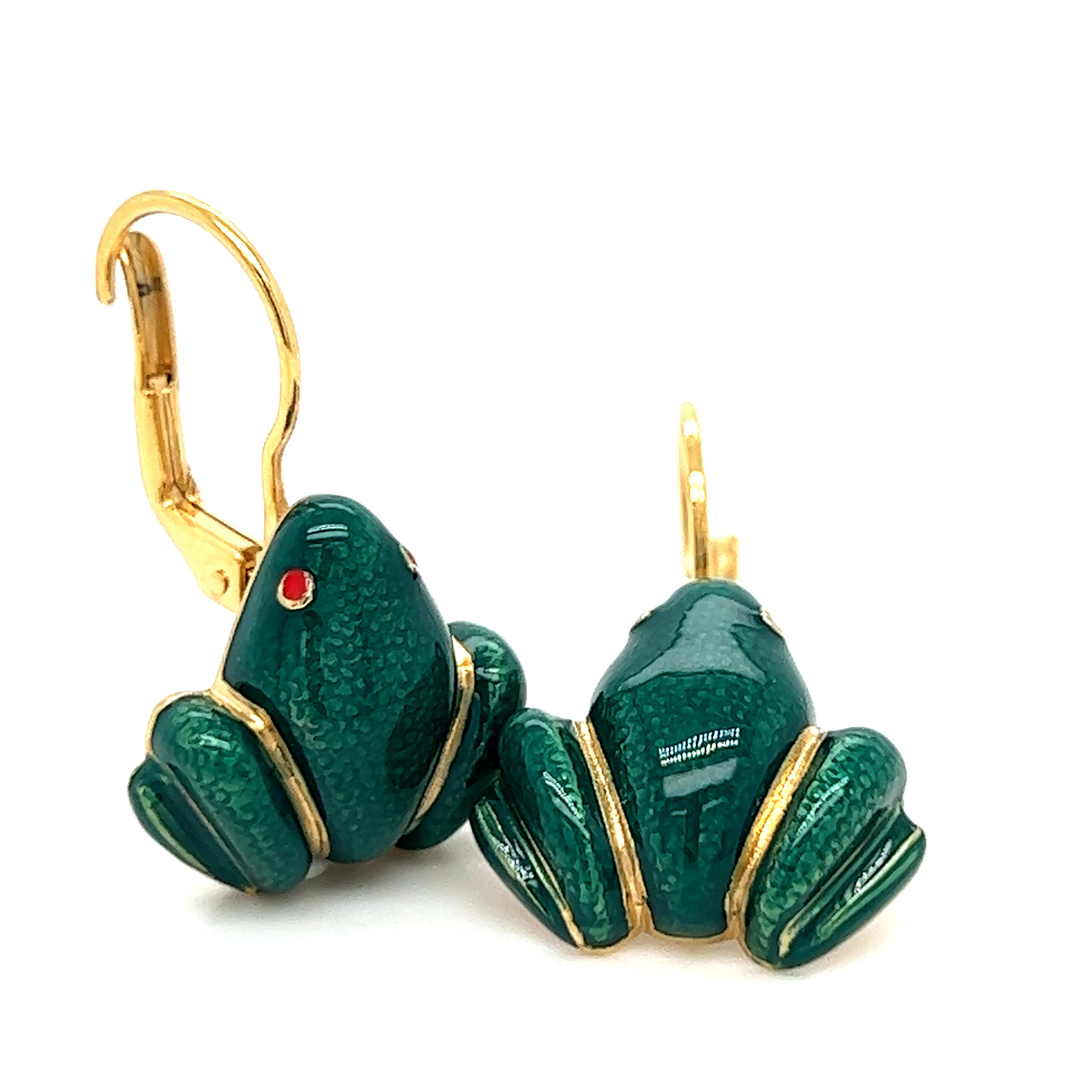 Chic, Timeless, but not Traditional Green Hand Enameled Little Frog Shaped, Sterling Silver, Gold-Plated Setting Lever-Back Earrings.
In a smart Tobacco Leather Case and Pouch.



