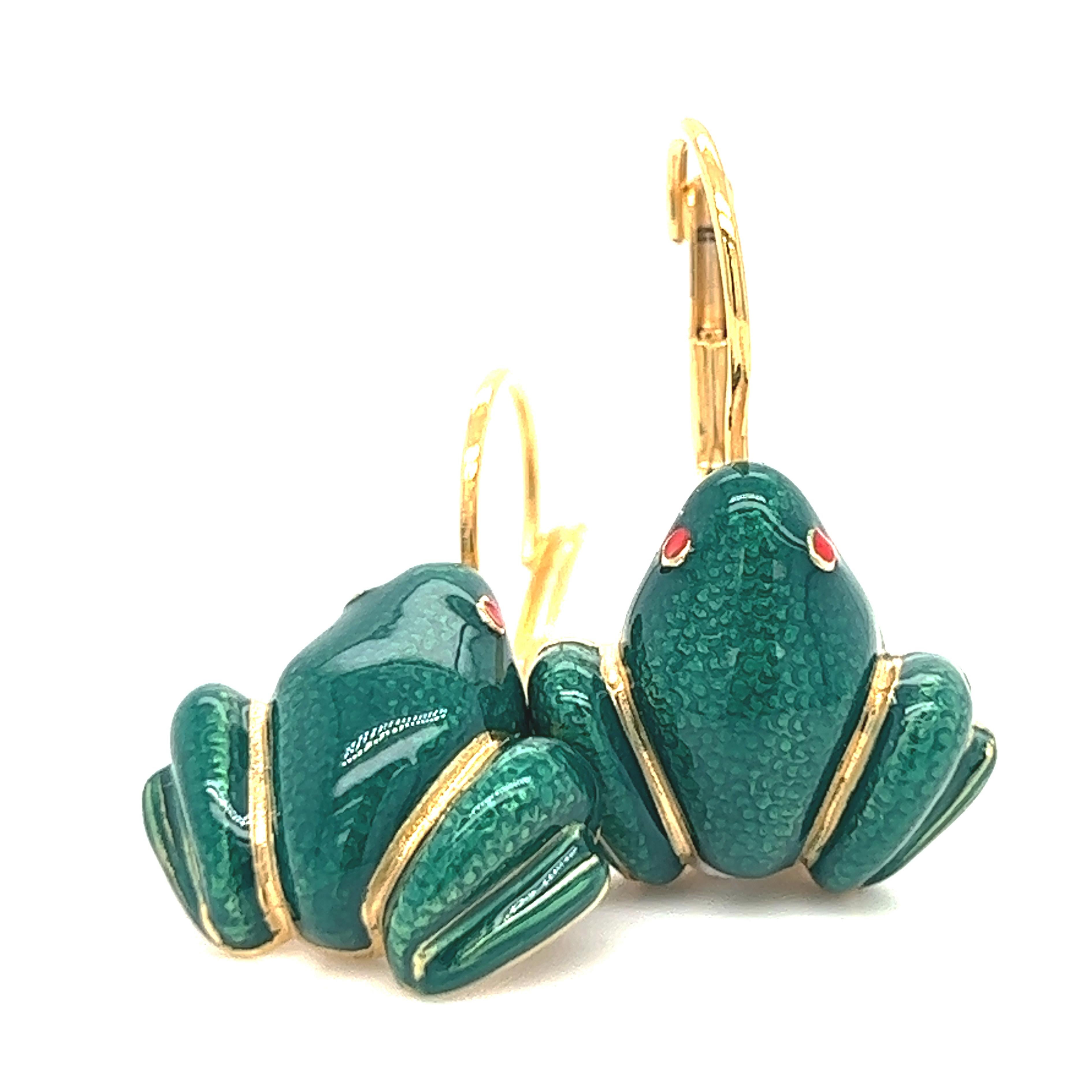 Berca Grüne hand emaillierte Froschförmige vergoldete Ohrringe aus Sterlingsilber in Froschform (Zeitgenössisch) im Angebot