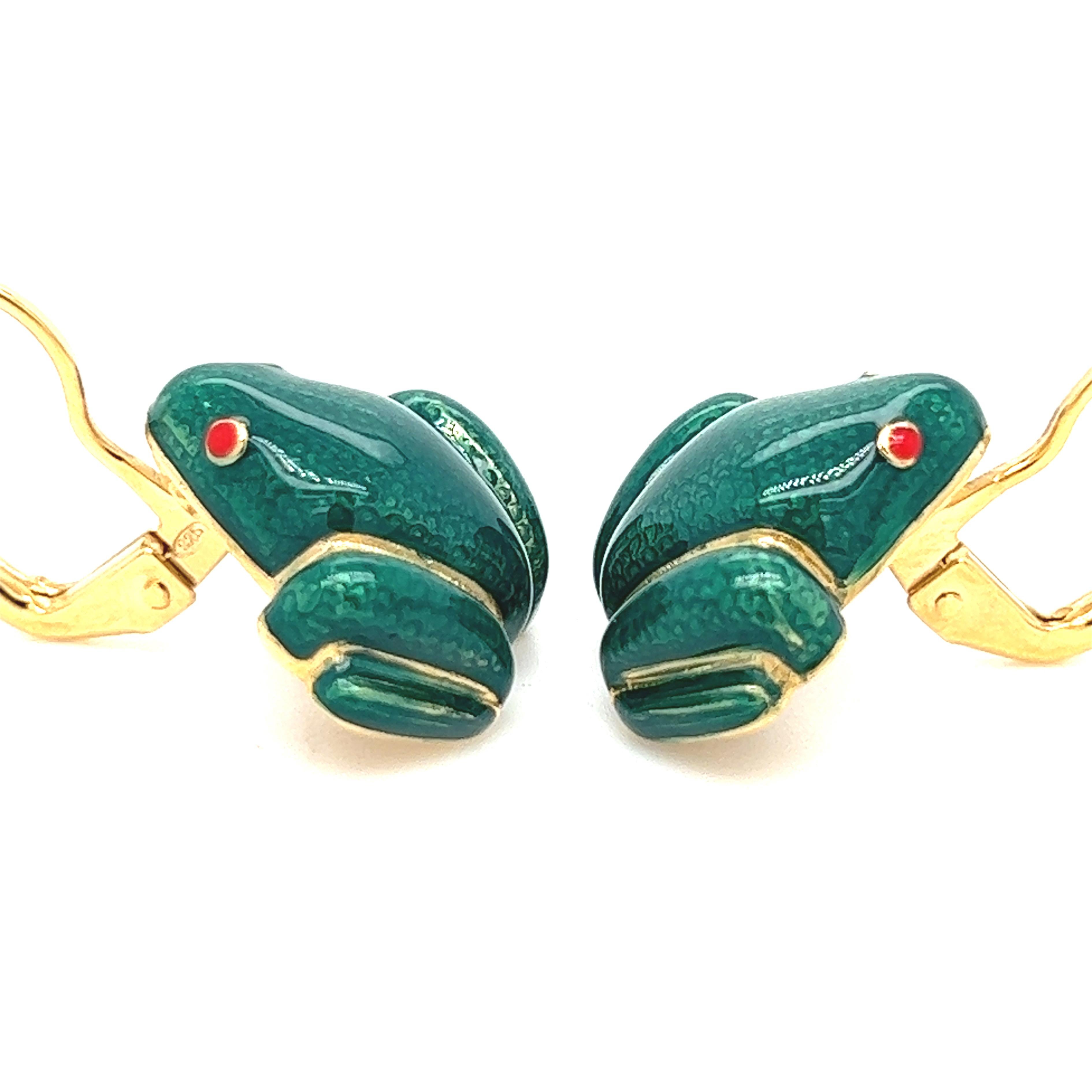 Contemporary Berca Green Hand Enameled Frog Shaped Sterling Silver Gold-Plated Earrings For Sale