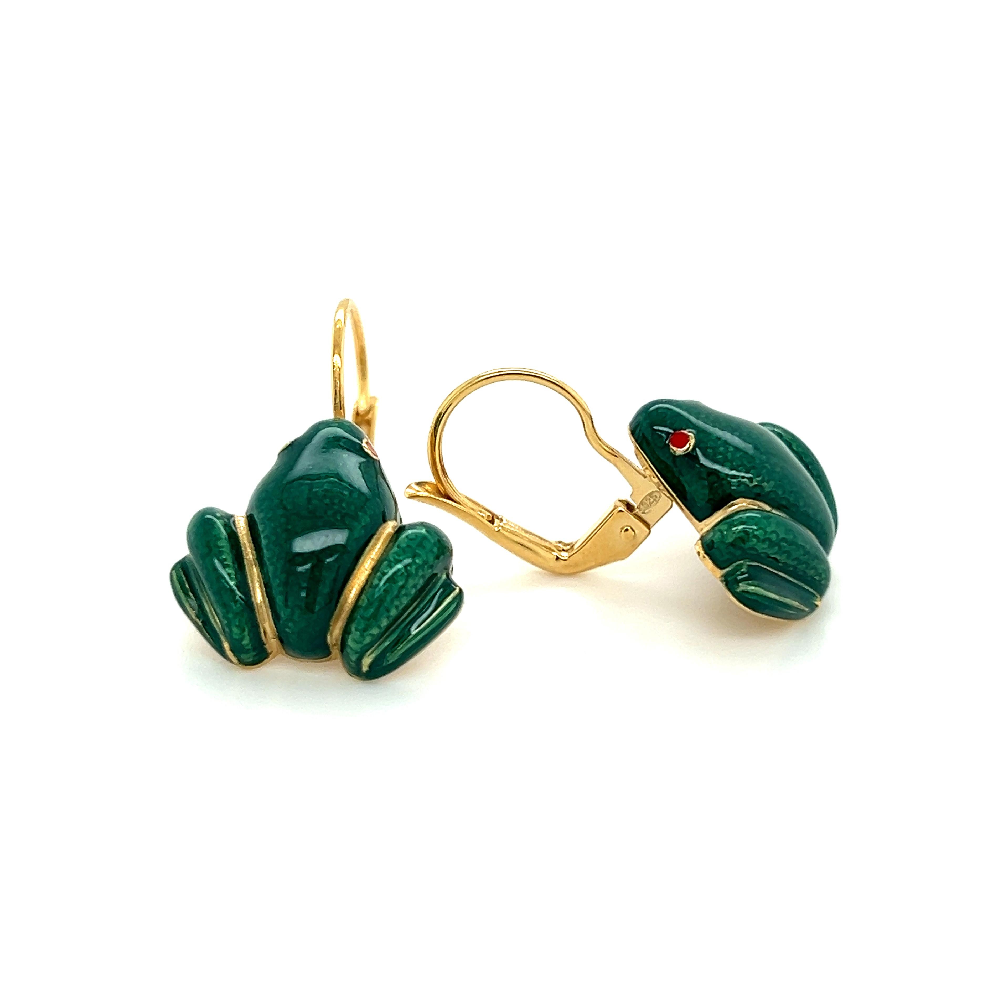 Women's Berca Green Hand Enameled Frog Shaped Sterling Silver Gold-Plated Earrings For Sale