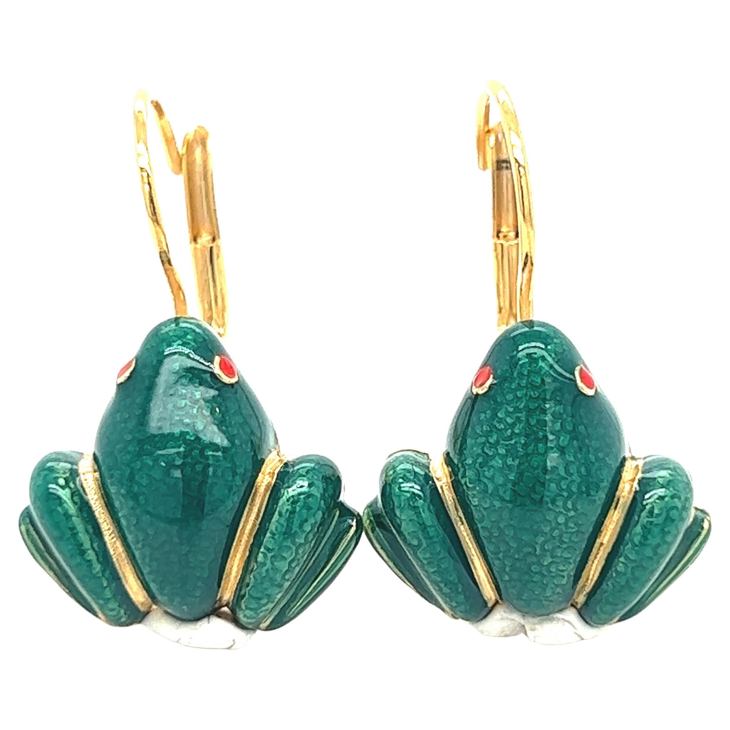 Berca Green Hand Enameled Frog Shaped Sterling Silver Gold-Plated Earrings For Sale