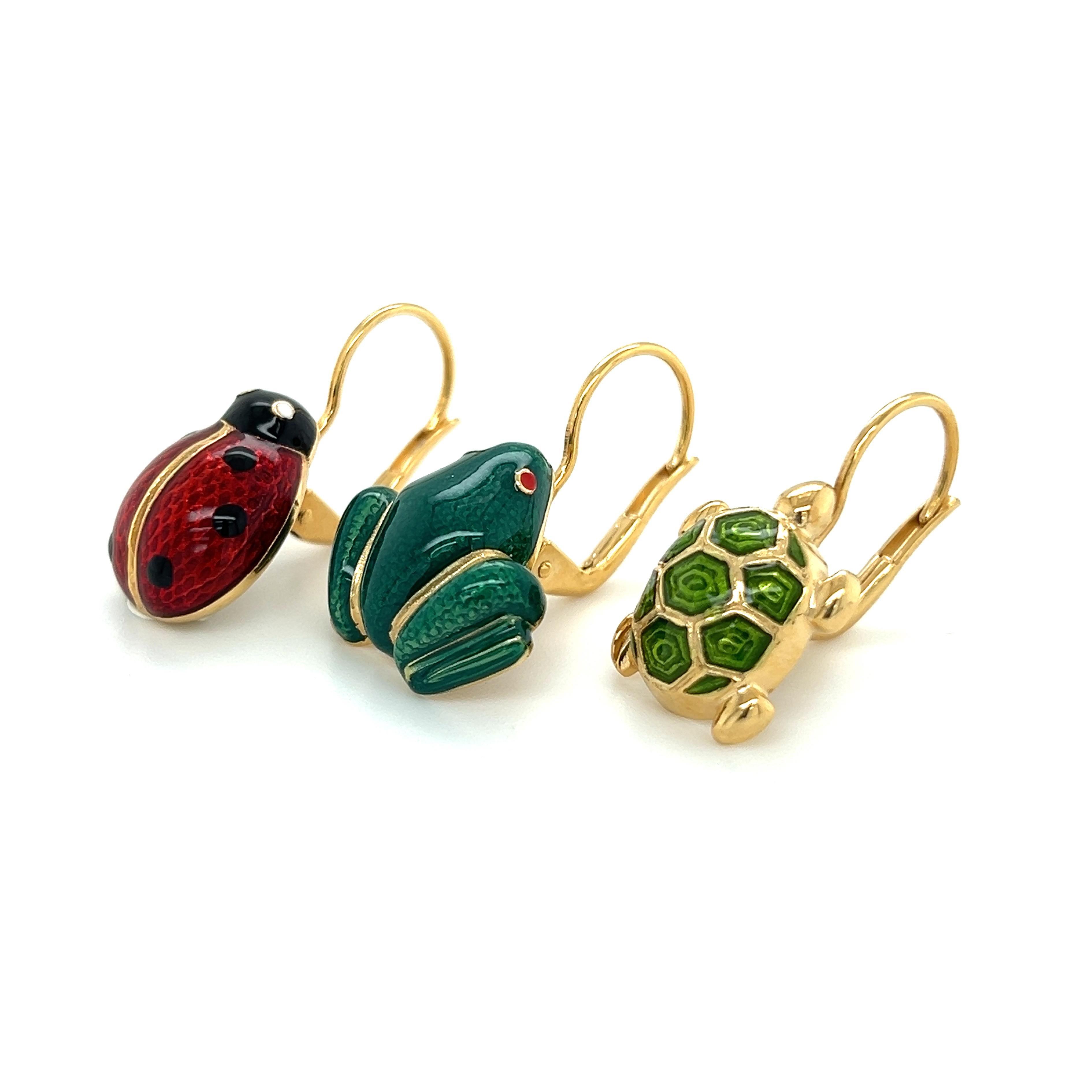 Contemporary Berca Green Hand Enameled Turtle Shaped Sterling Silver Gold-Plated Earrings For Sale