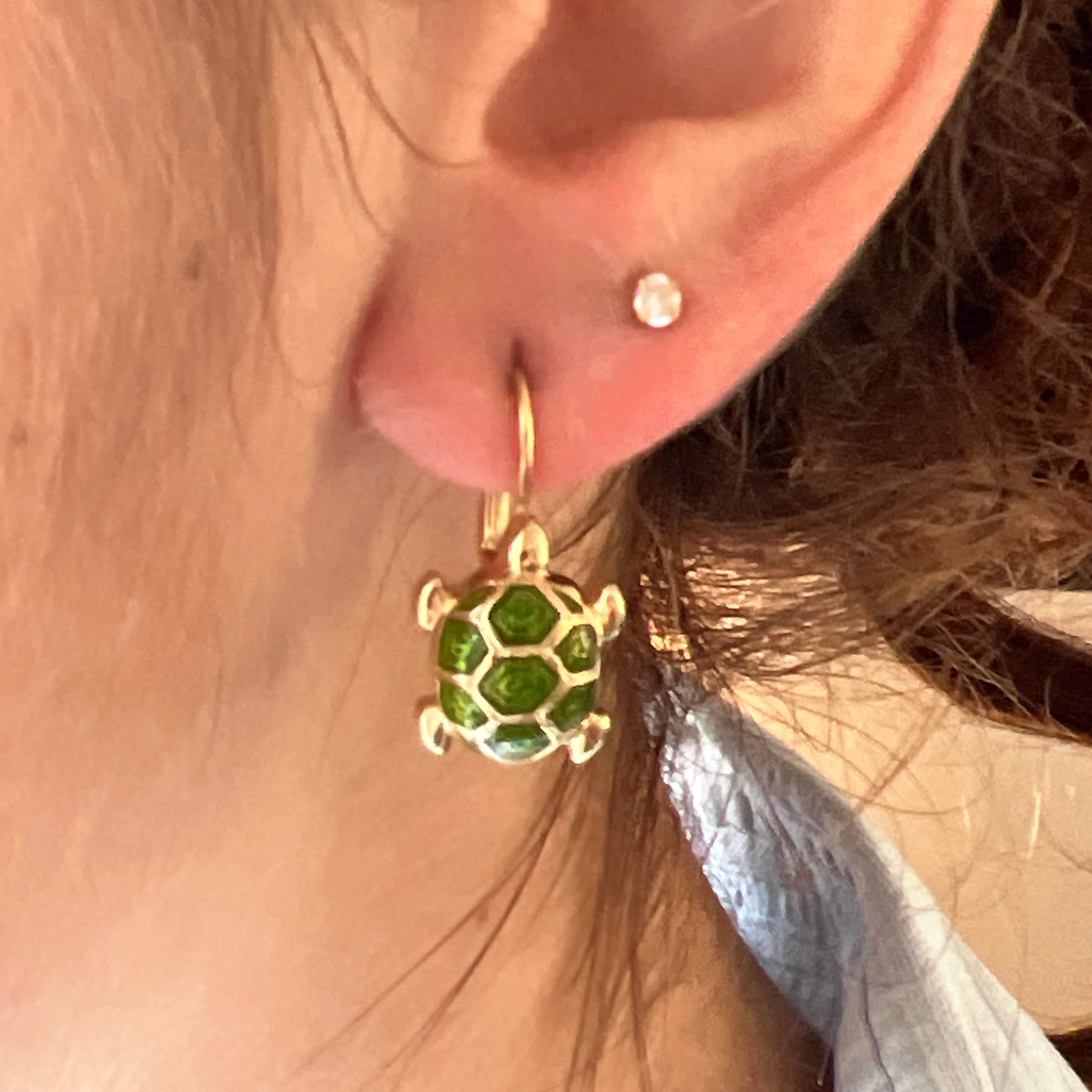 Women's Berca Green Hand Enameled Turtle Shaped Sterling Silver Gold-Plated Earrings For Sale