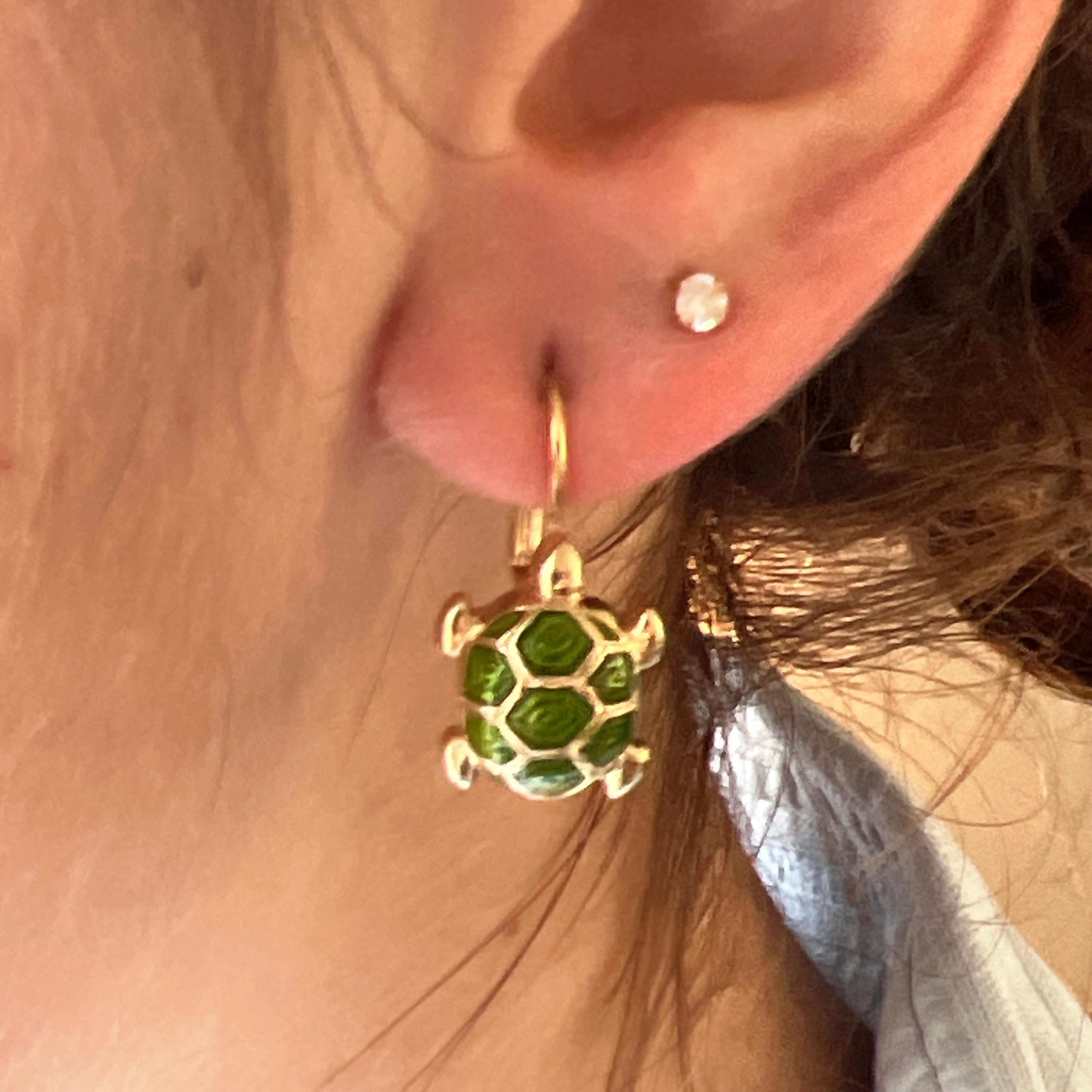Berca Green Hand Enameled Turtle Shaped Sterling Silver Gold-Plated Earrings For Sale 1