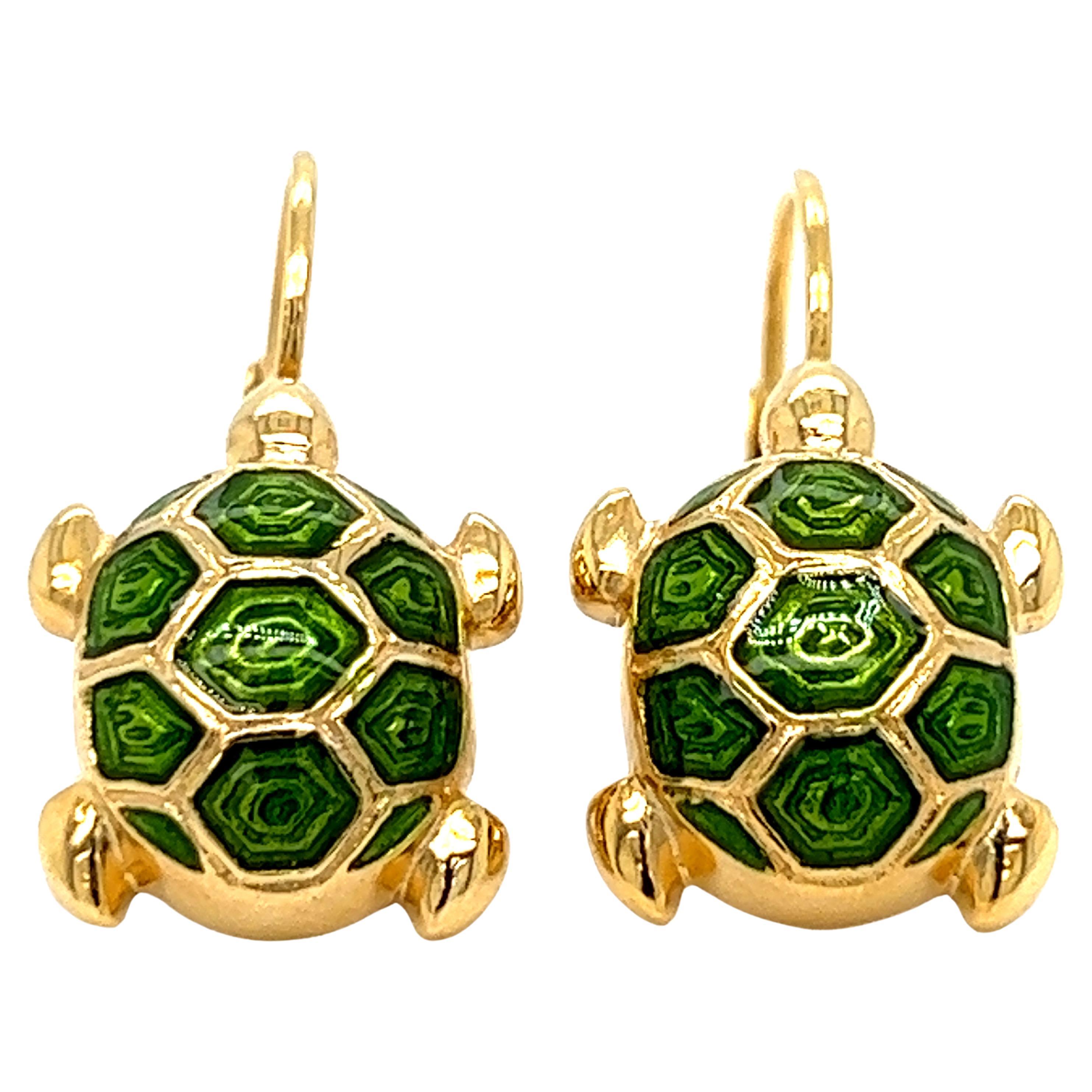 Berca Green Hand Enameled Turtle Shaped Sterling Silver Gold-Plated Earrings