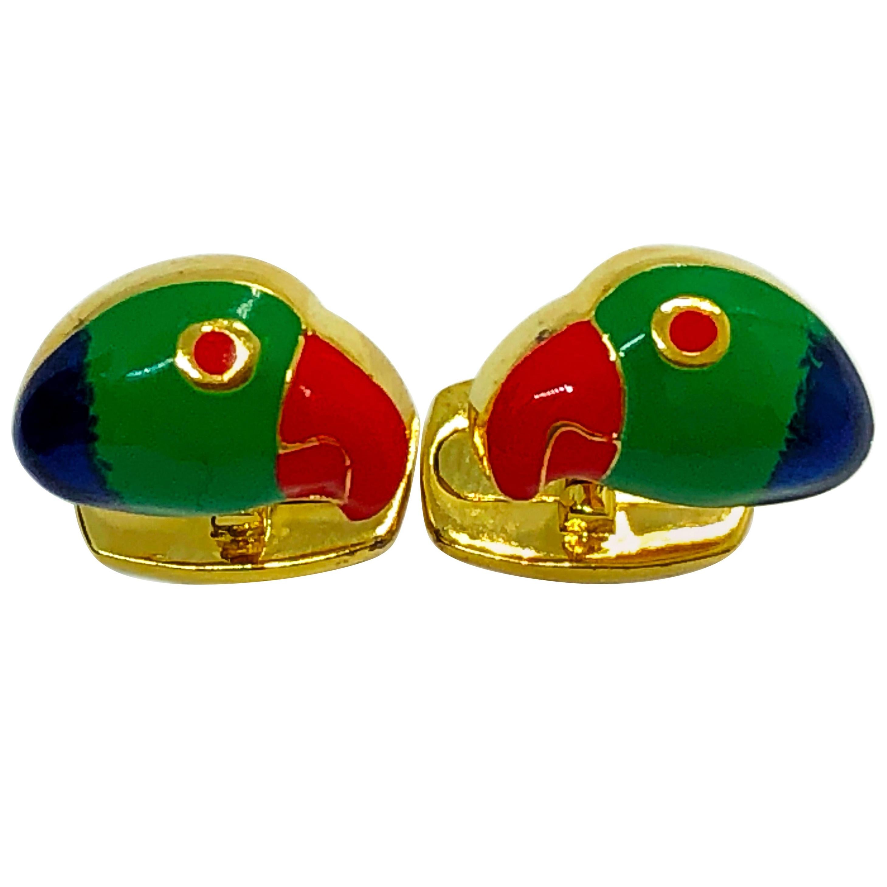 Berca Hand Enameled Brazilian Parrot Sterling Silver Gold-Plated Cufflinks For Sale