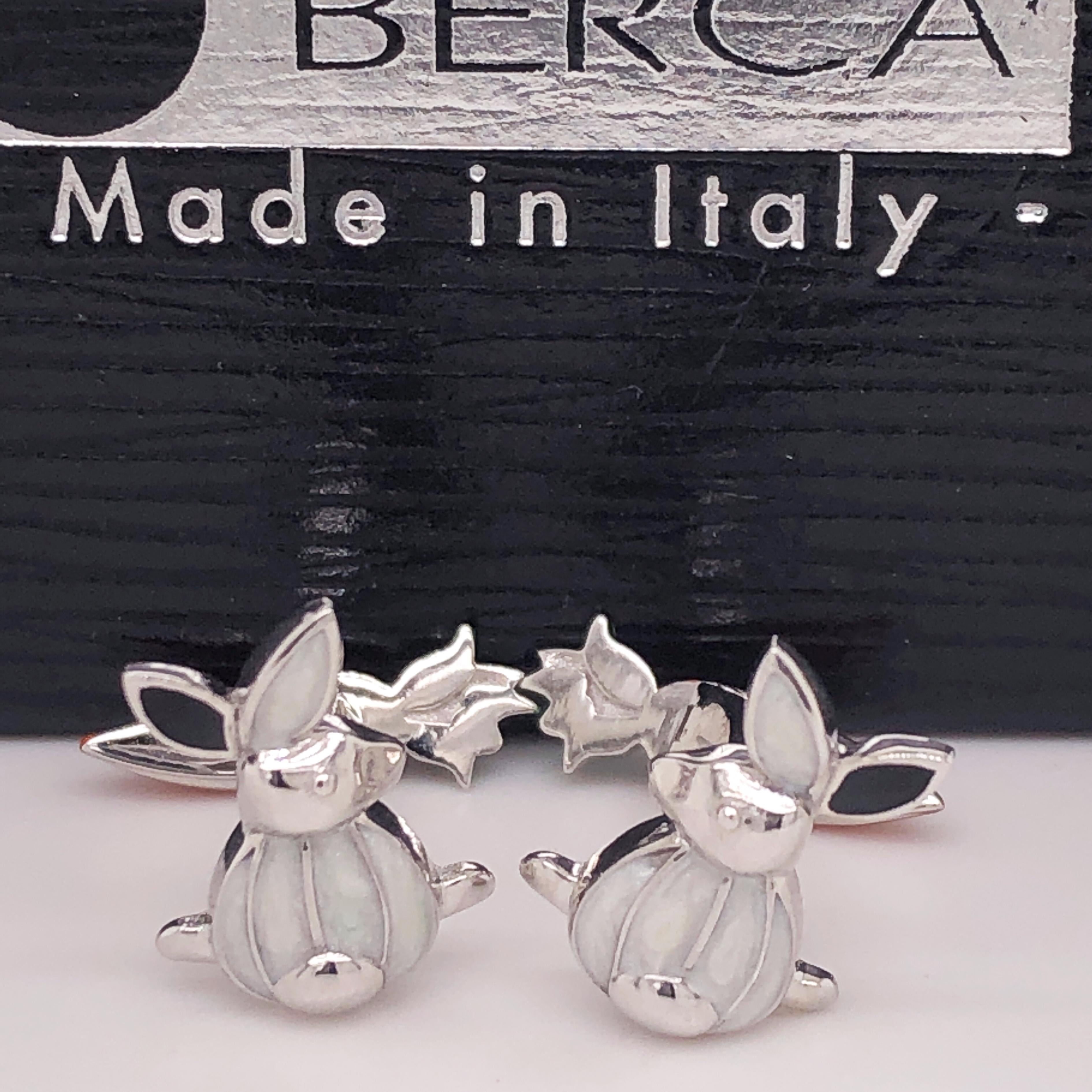 Contemporary Berca Hand Enameled Little Bunny Shaped Carrot Back Sterling Silver Cufflinks
