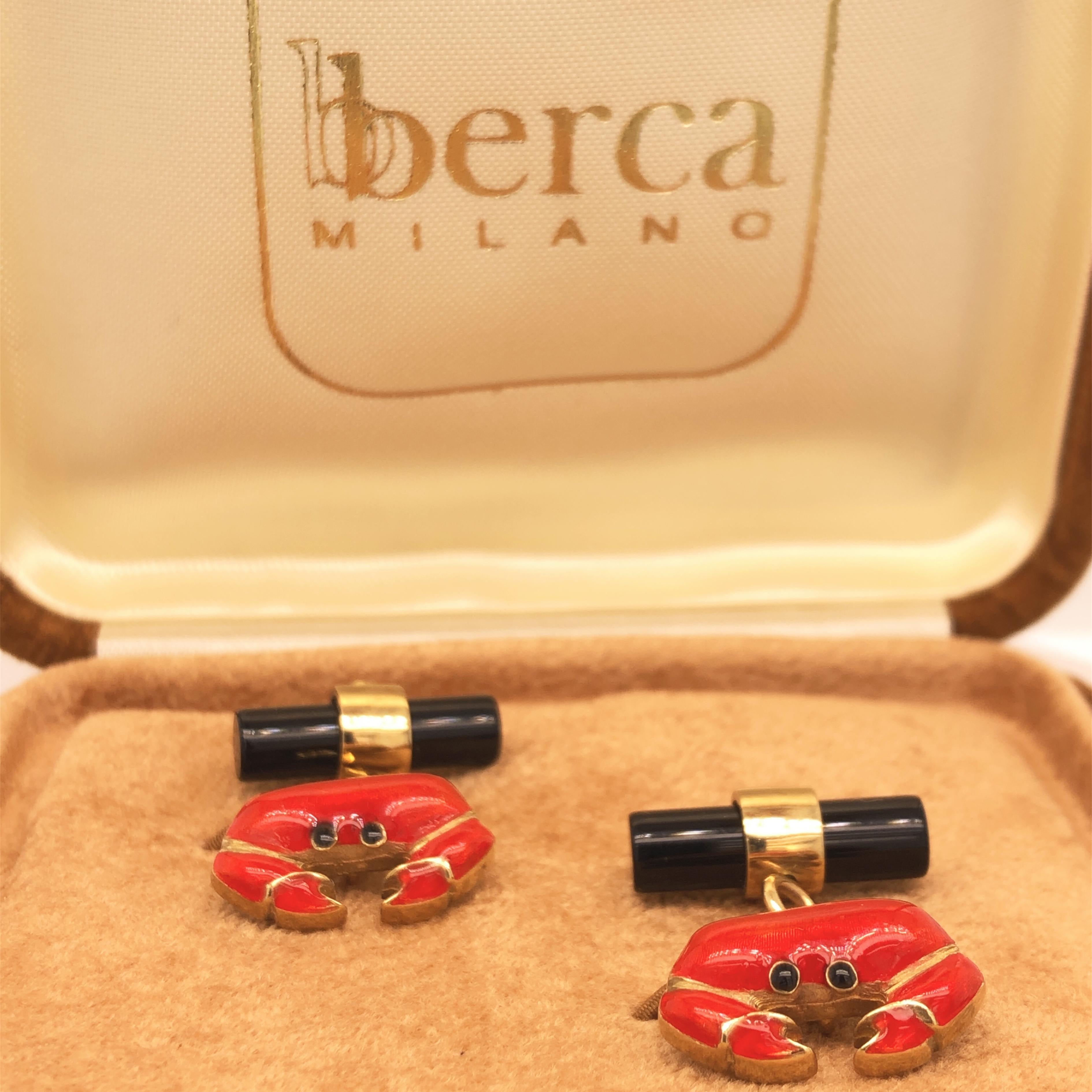 Berca Hand Enameled Red Crab, Cancer Sign Shaped Onyx Stick Back Gold Cufflinks For Sale 7
