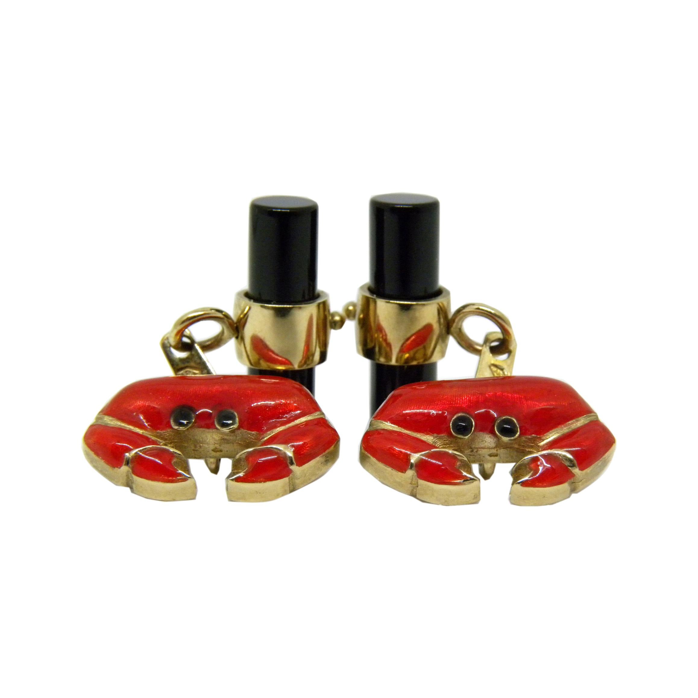 Berca Hand Enameled Red Crab, Cancer Sign Shaped Onyx Stick Back Gold Cufflinks For Sale