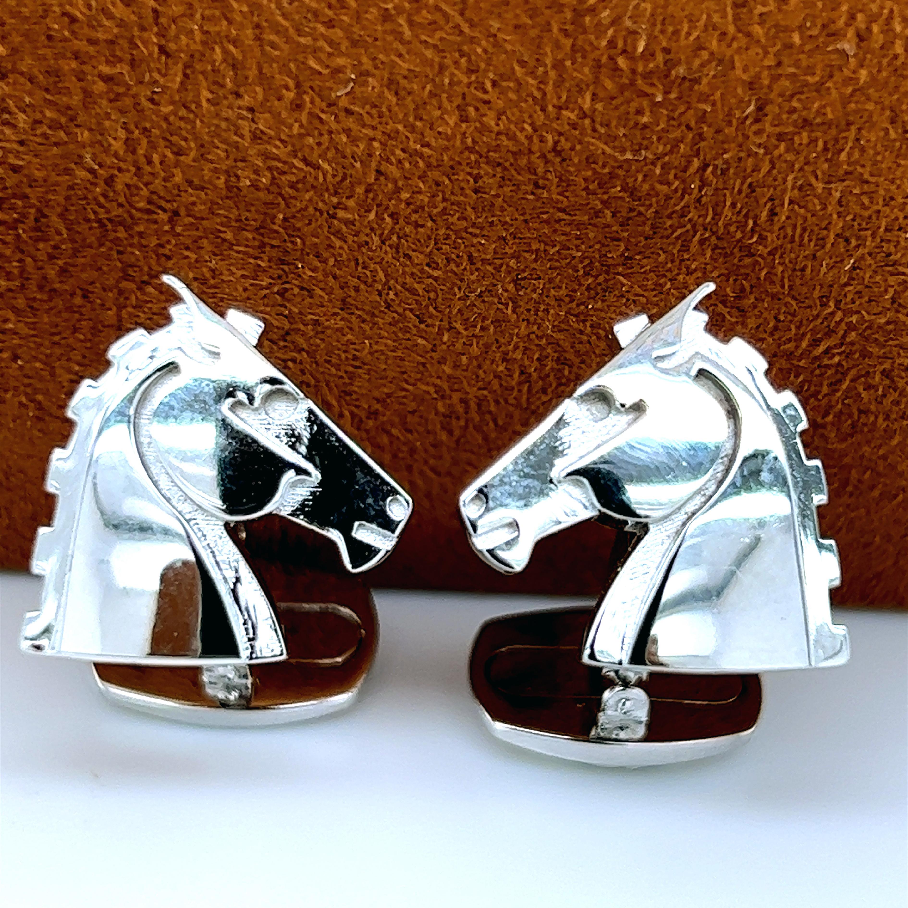 Contemporary Berca Hand Engraved Horse Head Shaped Solid Sterling Silver Cufflinks For Sale