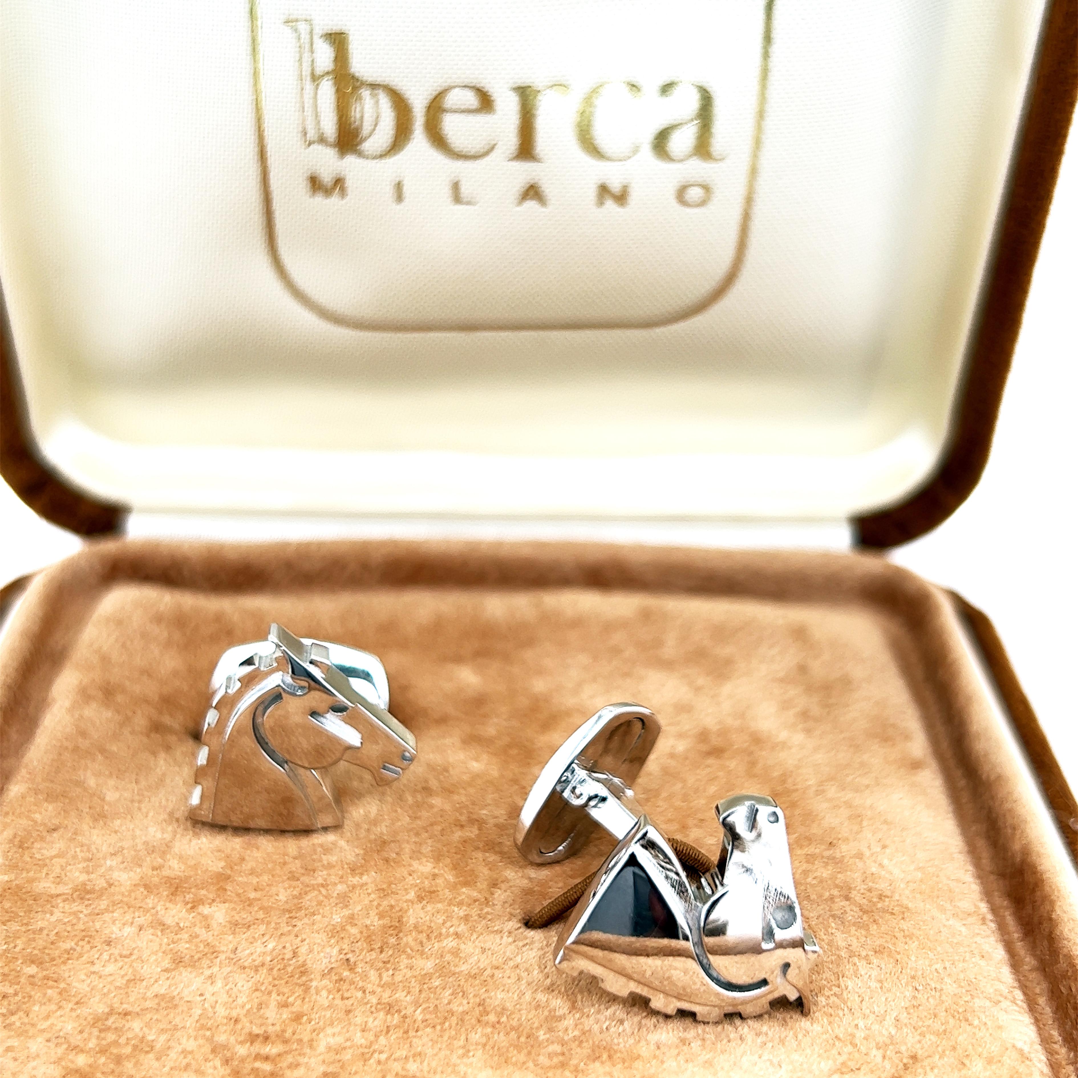 Berca Hand Engraved Horse Head Shaped Solid Sterling Silver Cufflinks For Sale 3