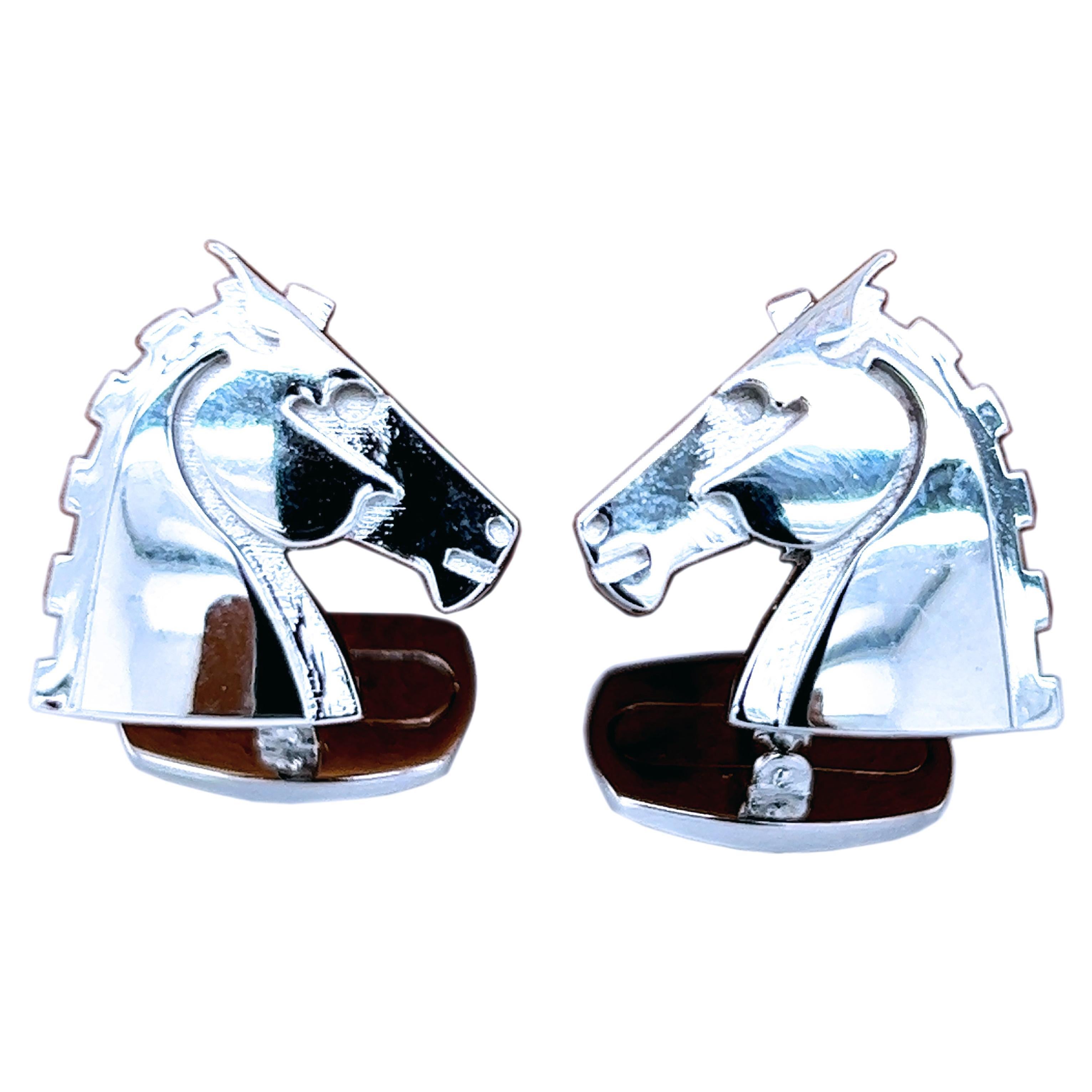 Berca Hand Engraved Horse Head Shaped Solid Sterling Silver Cufflinks For Sale