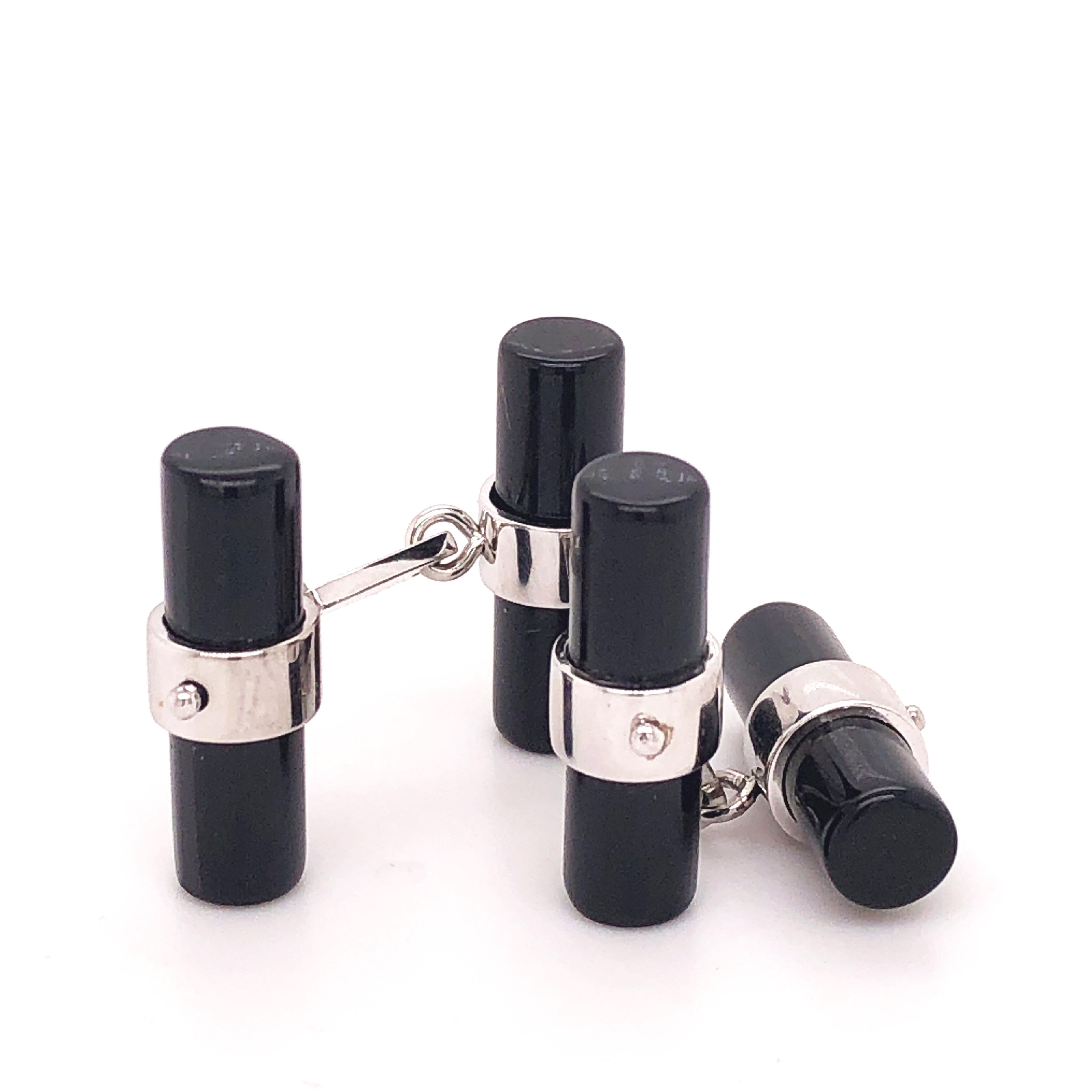 Contemporary Berca Hand Inlaid Black Onyx Baton Sterling Silver Cufflinks For Sale