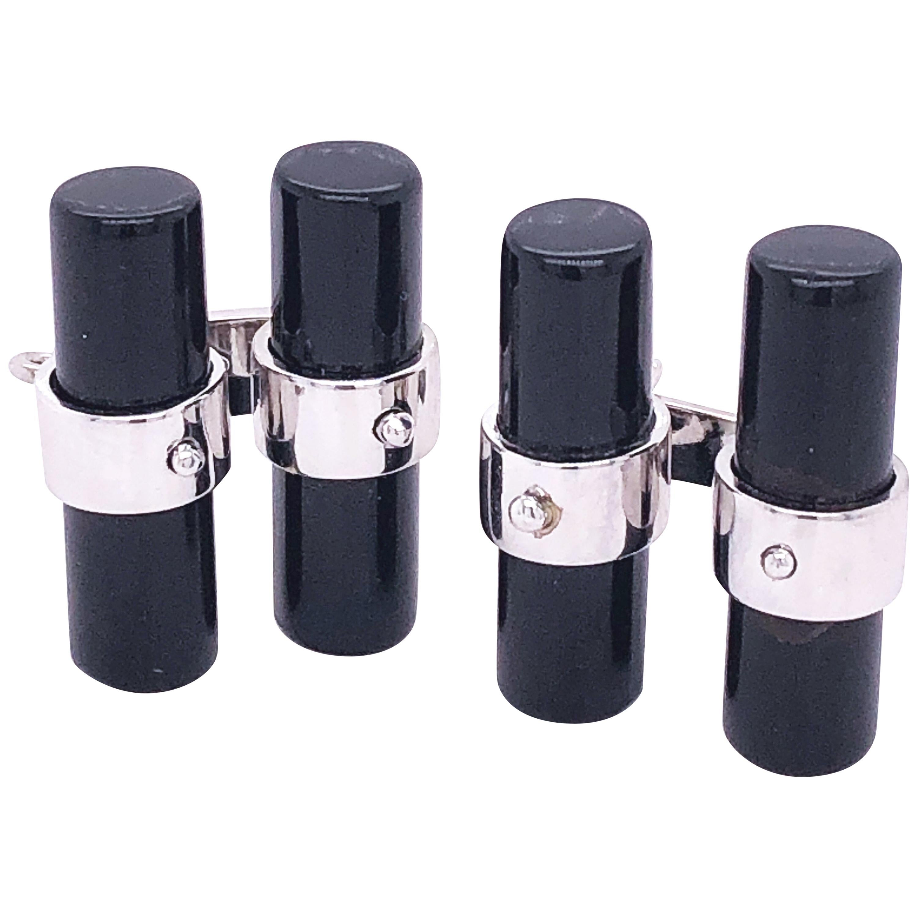 Berca Hand Inlaid Black Onyx Baton Sterling Silver Cufflinks For Sale