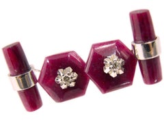 Berca Hand Inlaid Hexagonal Ruby Diamond, Ruby Stick Back White Gold Cufflinks