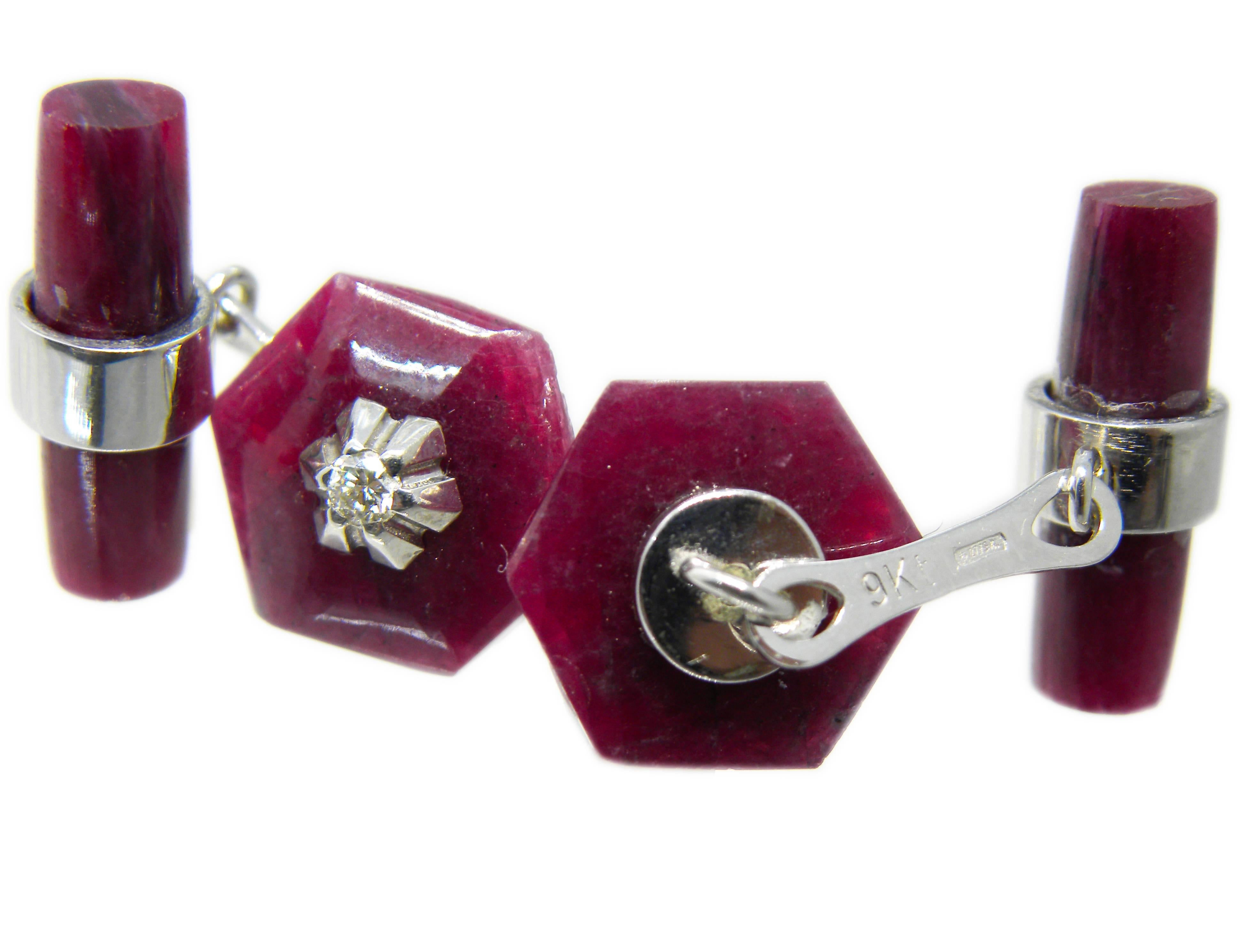 Contemporary Berca Hand Inlaid Hexagonal Ruby Diamond, Ruby Stick Back White Gold Cufflinks For Sale