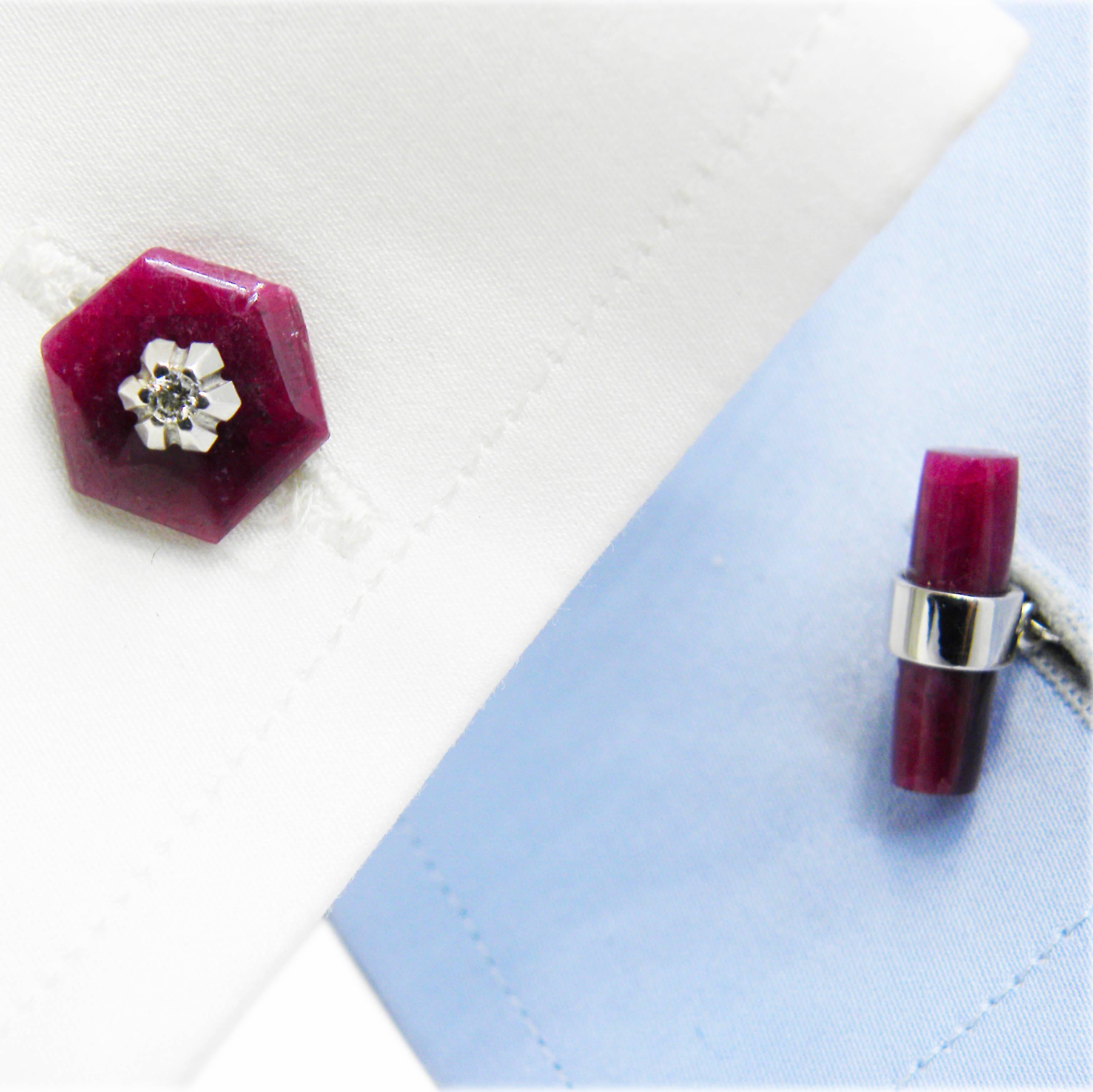 Berca Hand Inlaid Hexagonal Ruby Diamond, Ruby Stick Back White Gold Cufflinks In New Condition For Sale In Valenza, IT