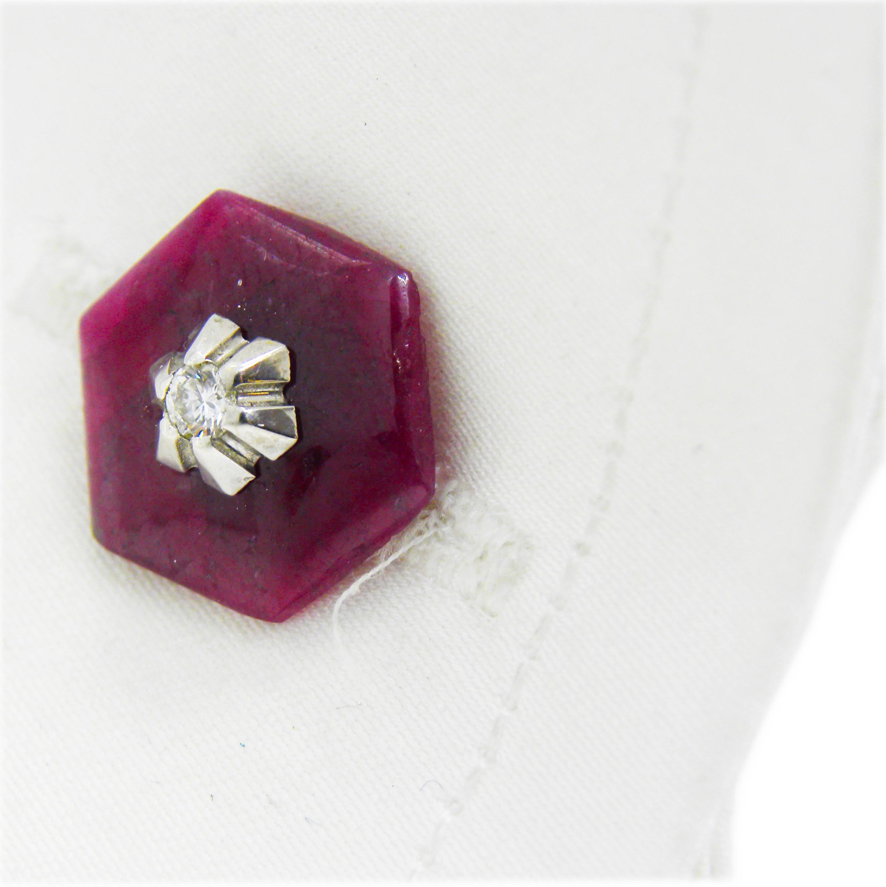 Berca Hand Inlaid Hexagonal Ruby Diamond, Ruby Stick Back White Gold Cufflinks For Sale 1