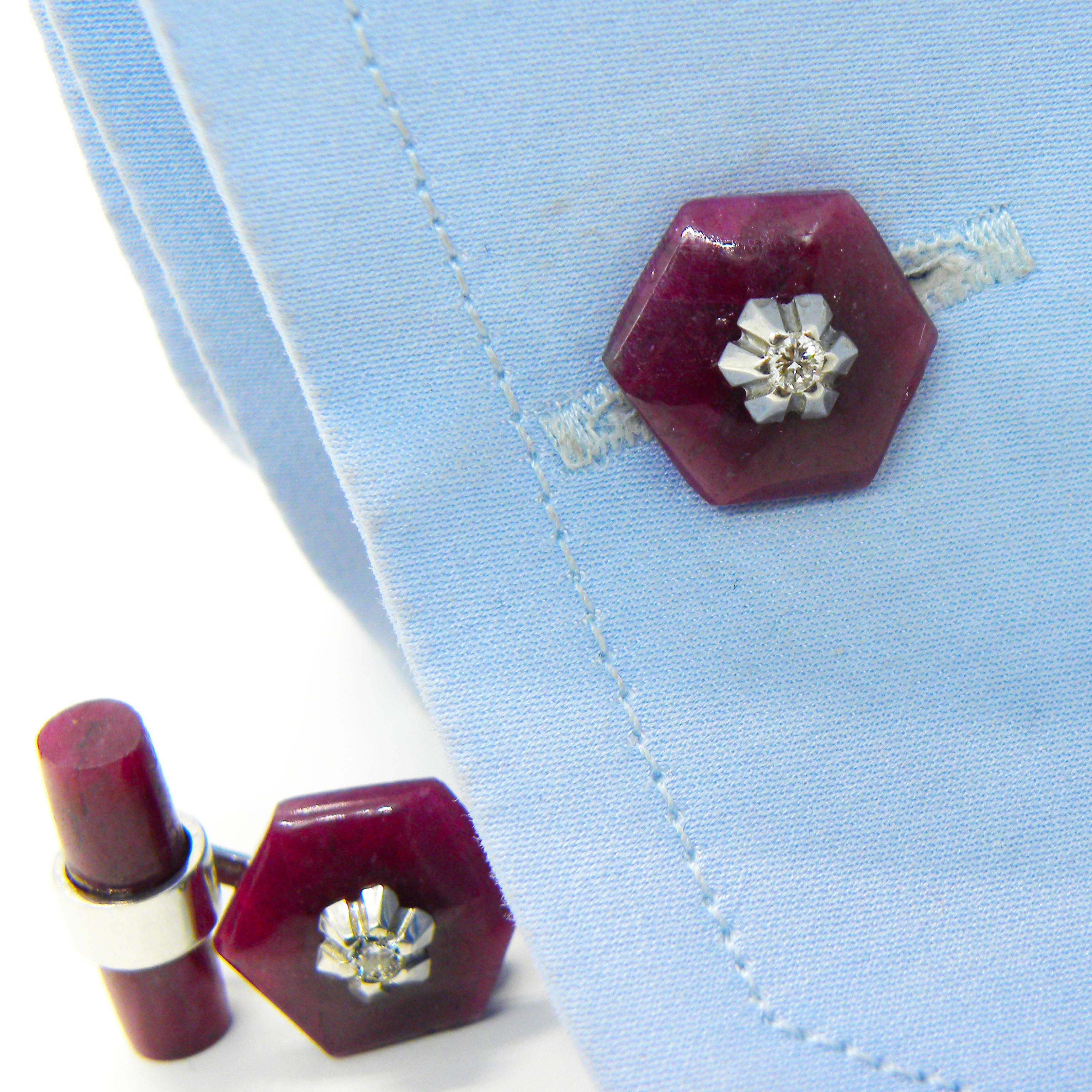 Berca Hand Inlaid Hexagonal Ruby Diamond, Ruby Stick Back White Gold Cufflinks For Sale 3