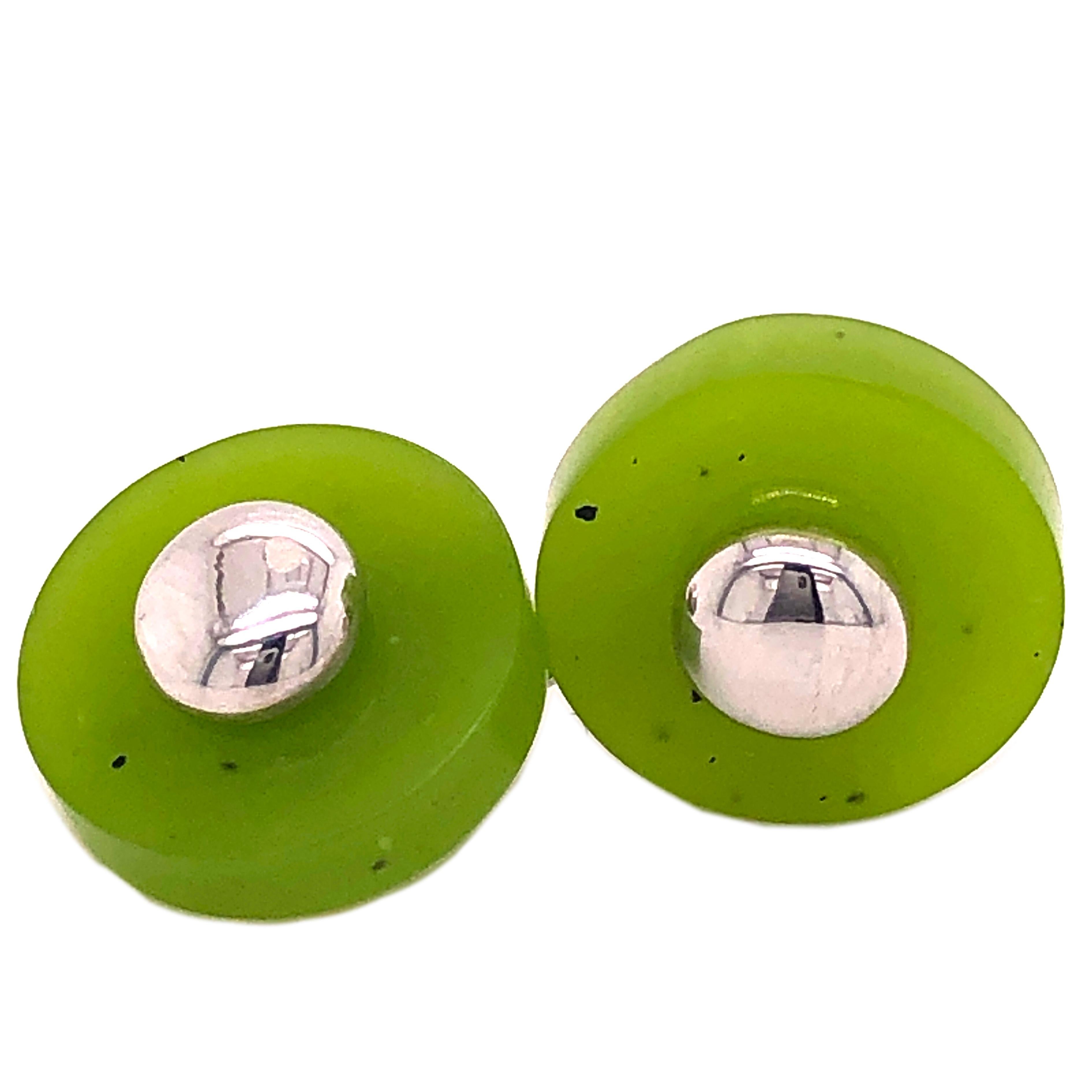 Contemporary Berca Hand Inlaid Natural Round Green Jade Disk Sterling Silver Cufflinks