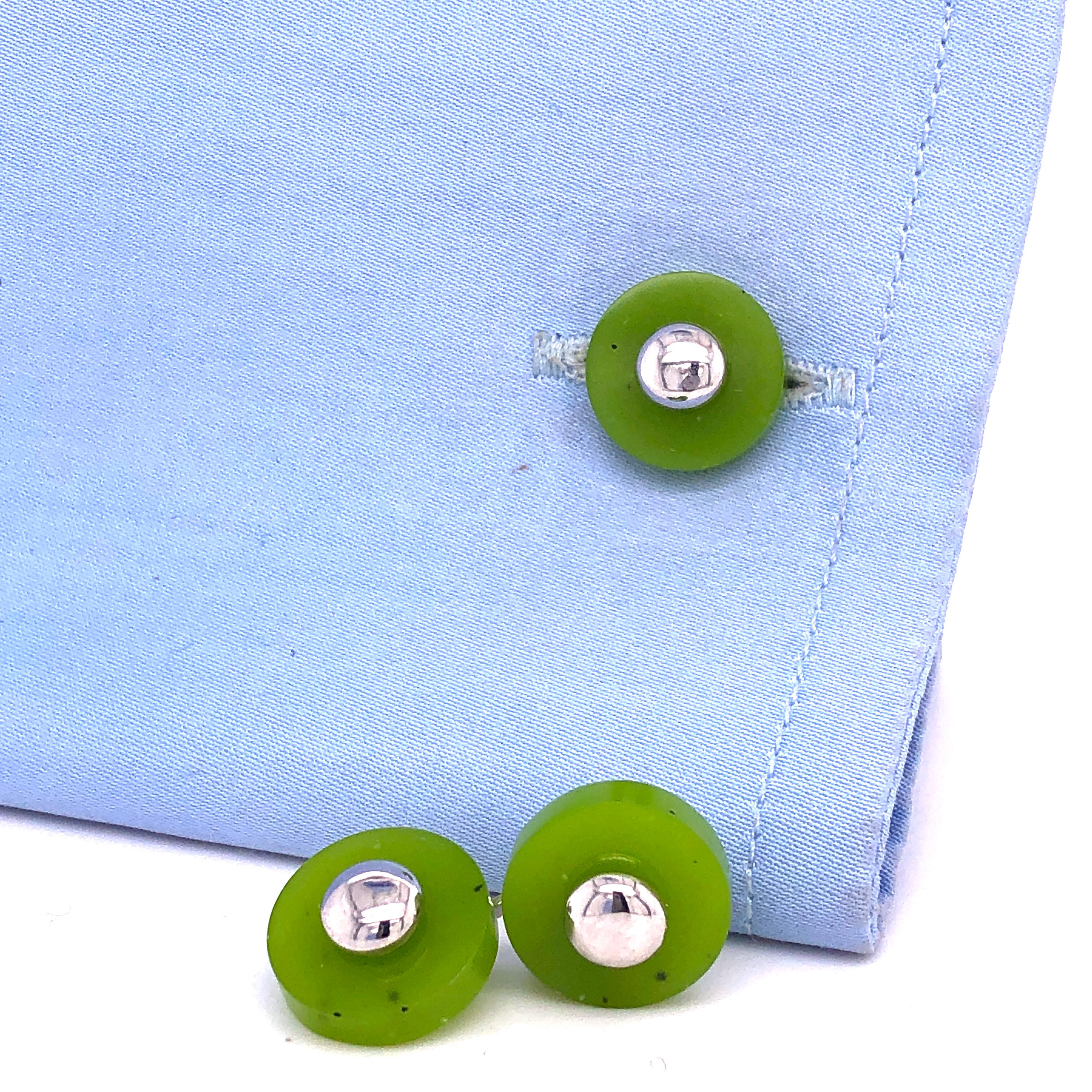 Contemporary Berca Hand Inlaid Natural Round Green Jade Disk Sterling Silver Cufflinks For Sale