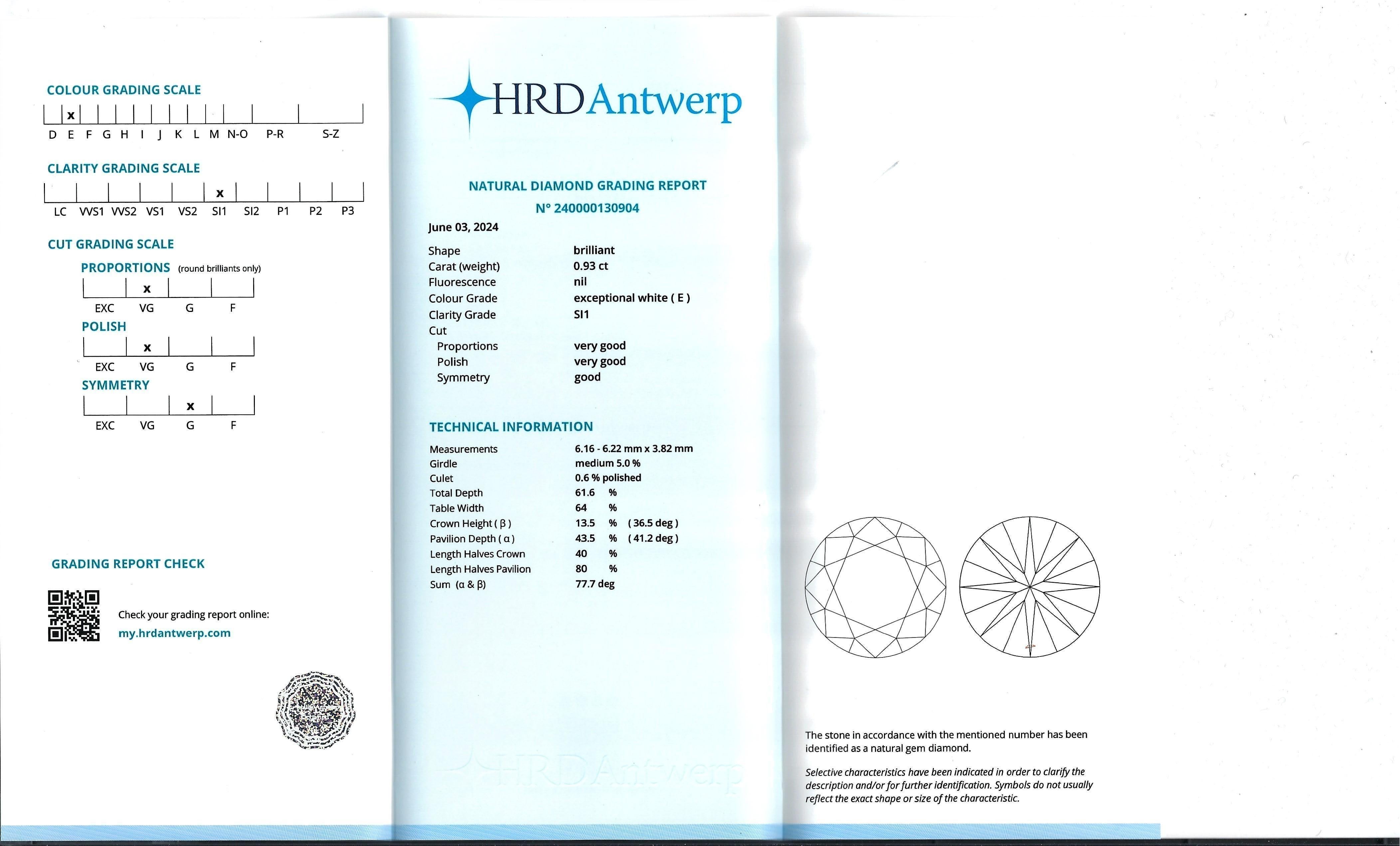 Berca HRD Certified 0.93Karat  E Color White Diamond Solitaire Ring For Sale 1