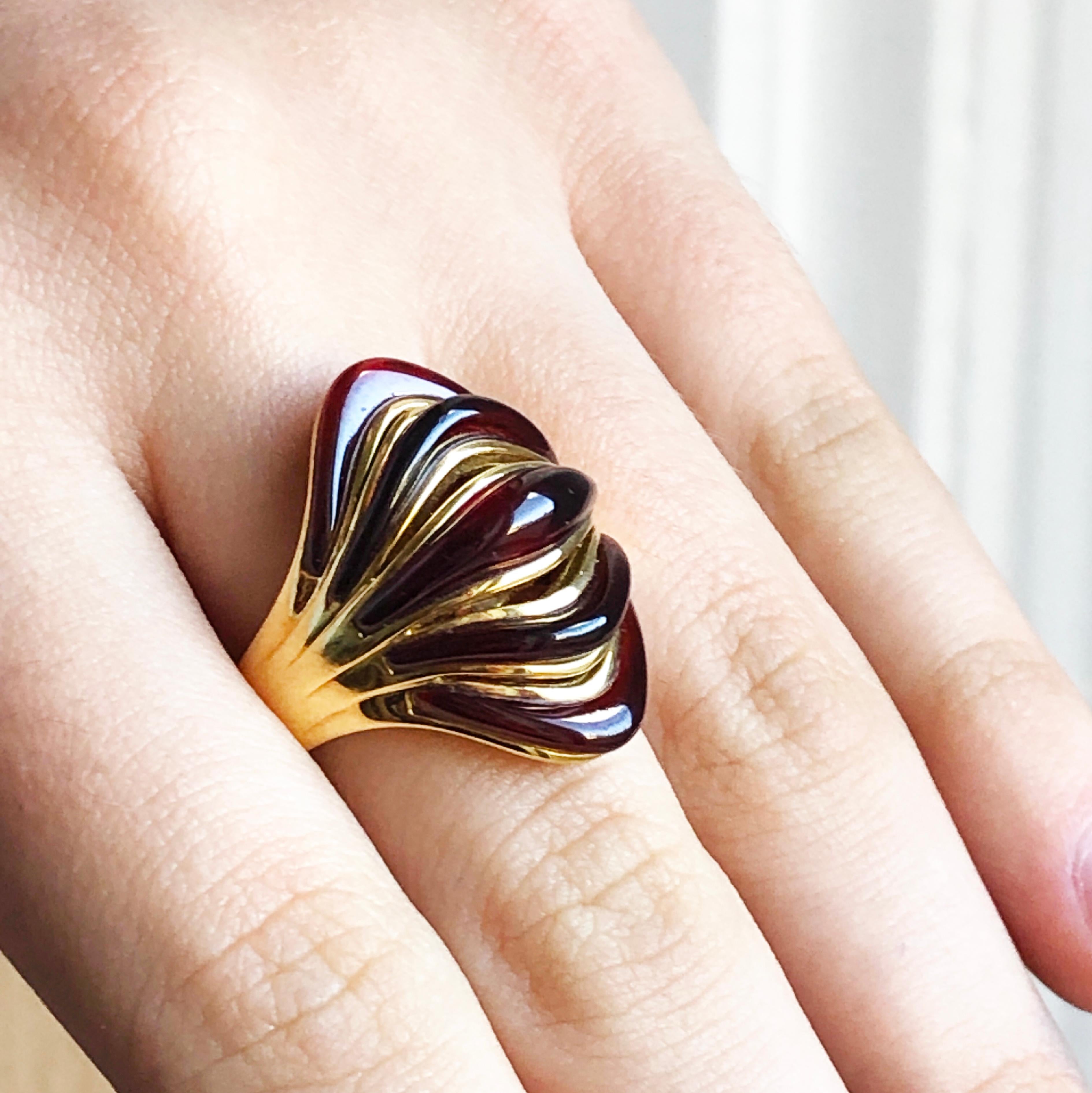Berca Iconic Natural Red Garnet Yellow Gold Setting Waves Cocktail Ring 5