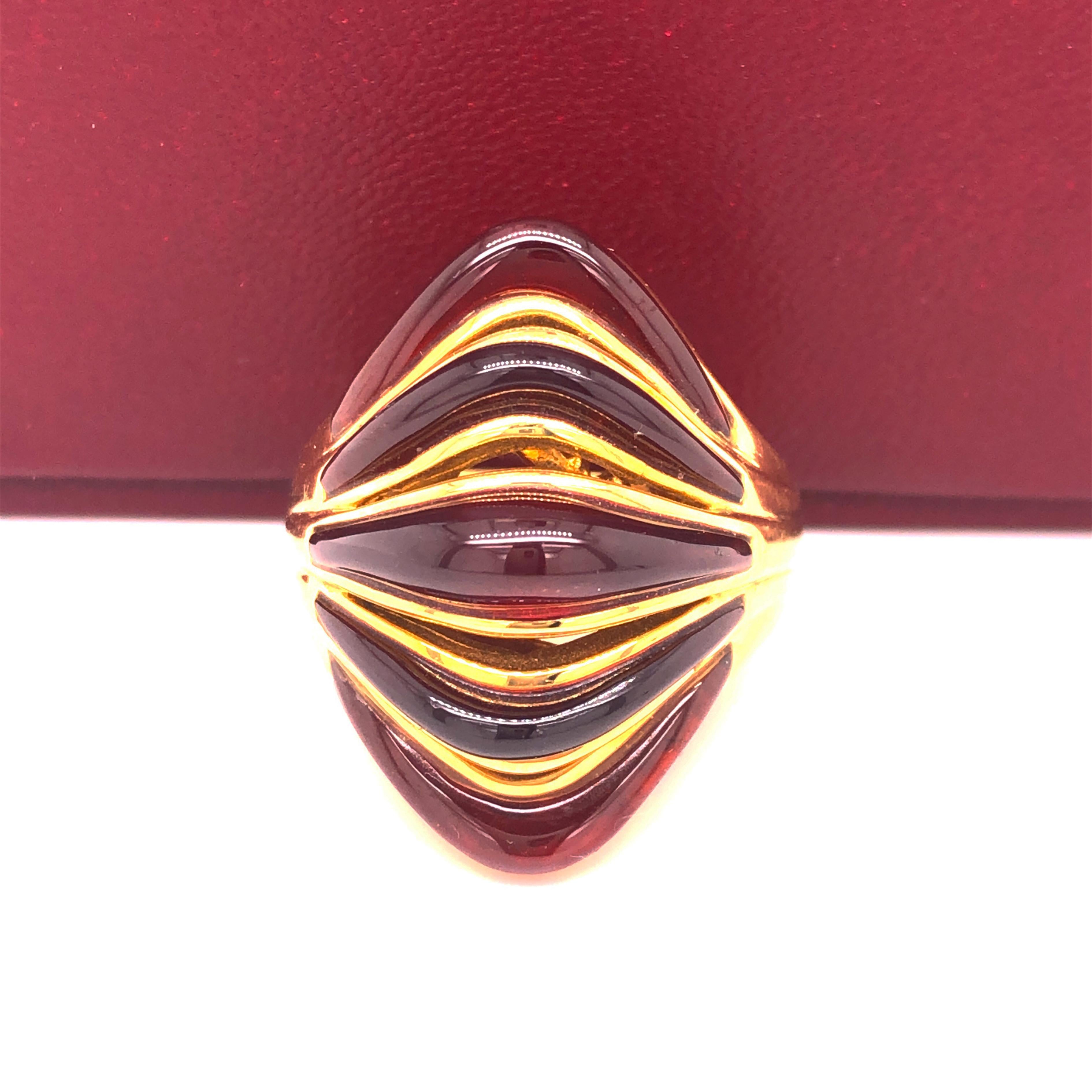 Uncut Berca Iconic Natural Red Garnet Yellow Gold Setting Waves Cocktail Ring