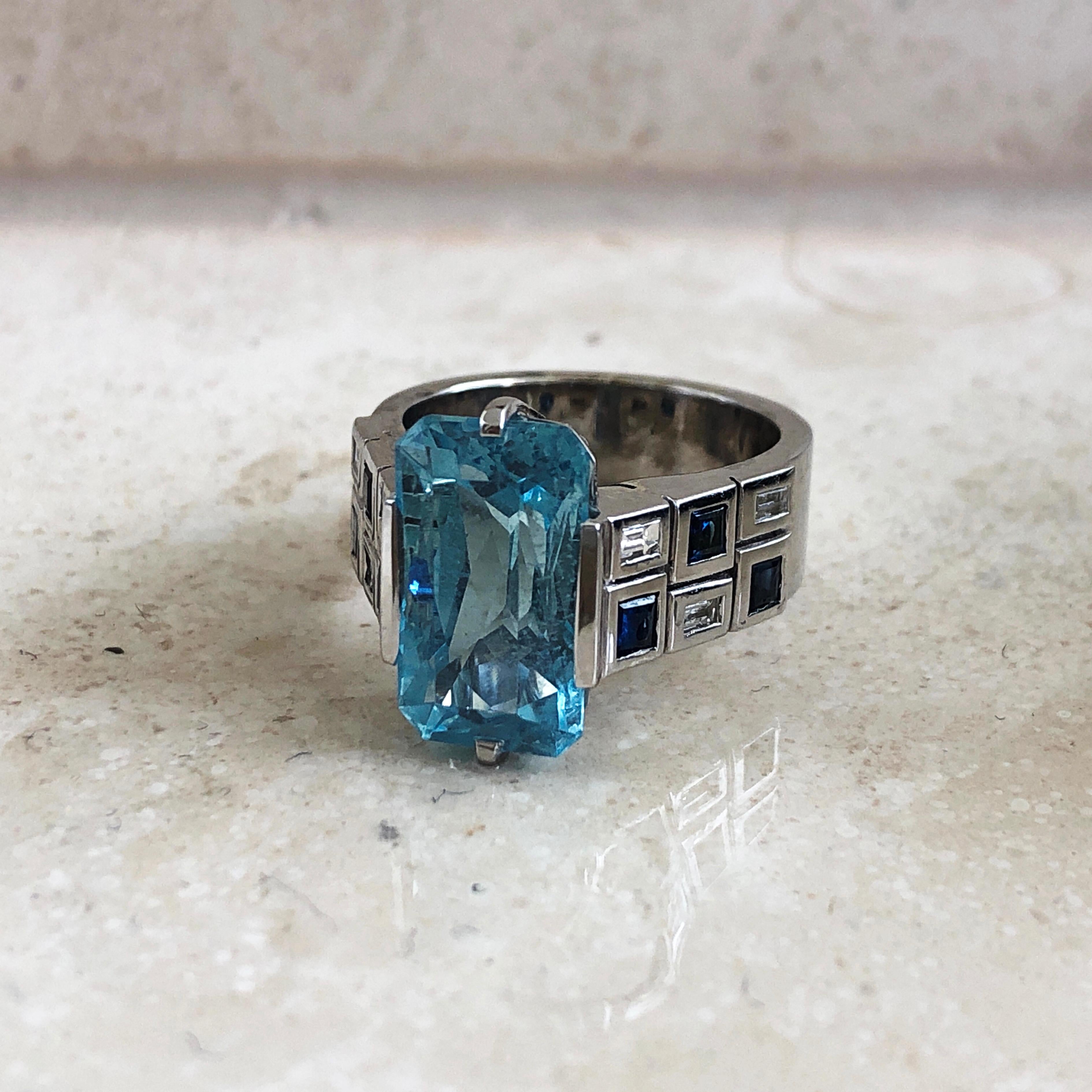 Berca IGI Certified 5.57 Karat Rectangular Cut Aquamarine Diamond Sapphire Ring 1