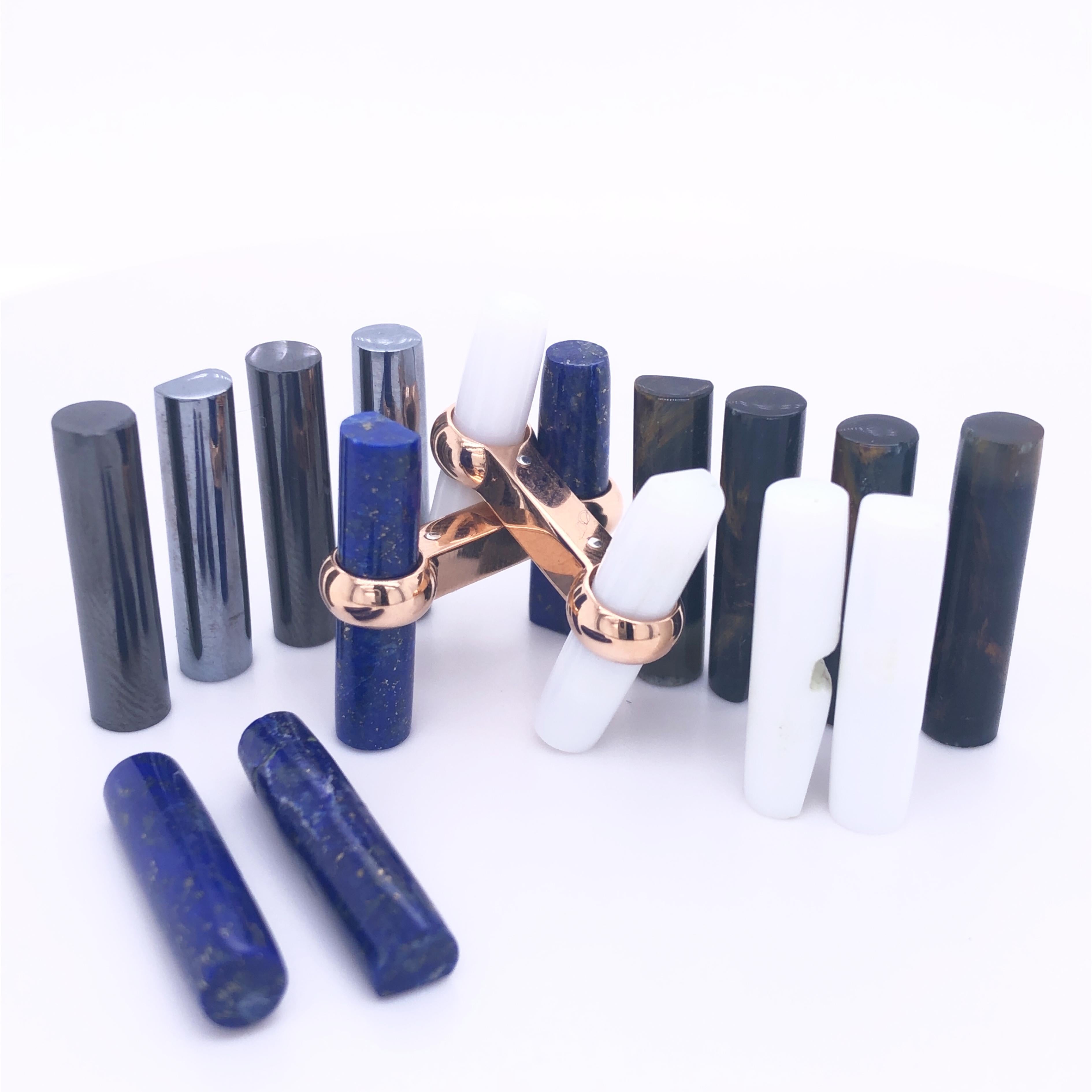Interchangeable Natural Semiprecious Stones Set Cufflinks featuring Persian LapisLazuli, Labradorite, Hematite, White Agate Hand Inlaid Batons, 18K Rose Gold Setting; a fitted Burgundy Leather Case completes this outstanding piece.