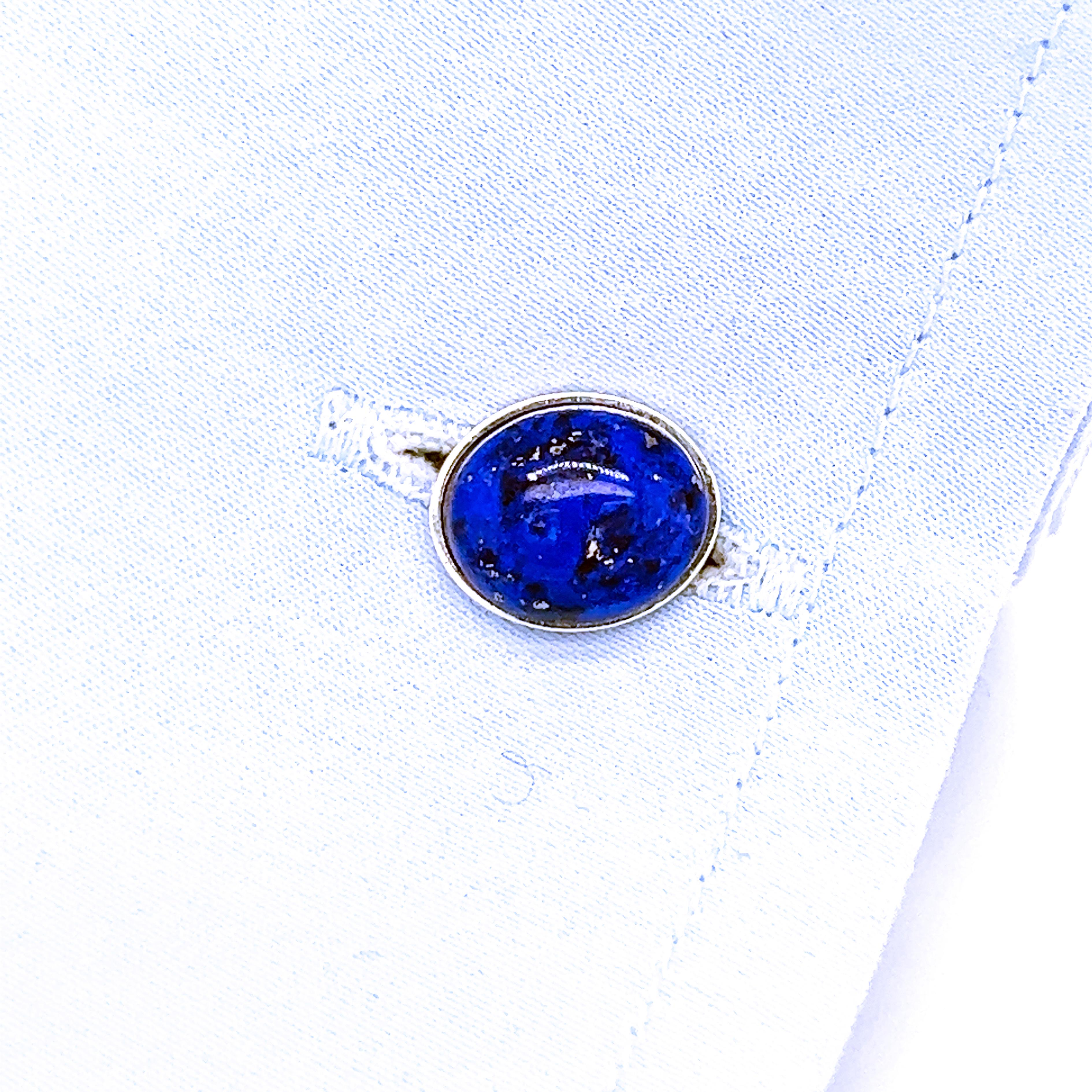 Oval Cut Berca Lapis Lazuli Cabochon Oval Shaped Sterling Silver Cufflinks For Sale