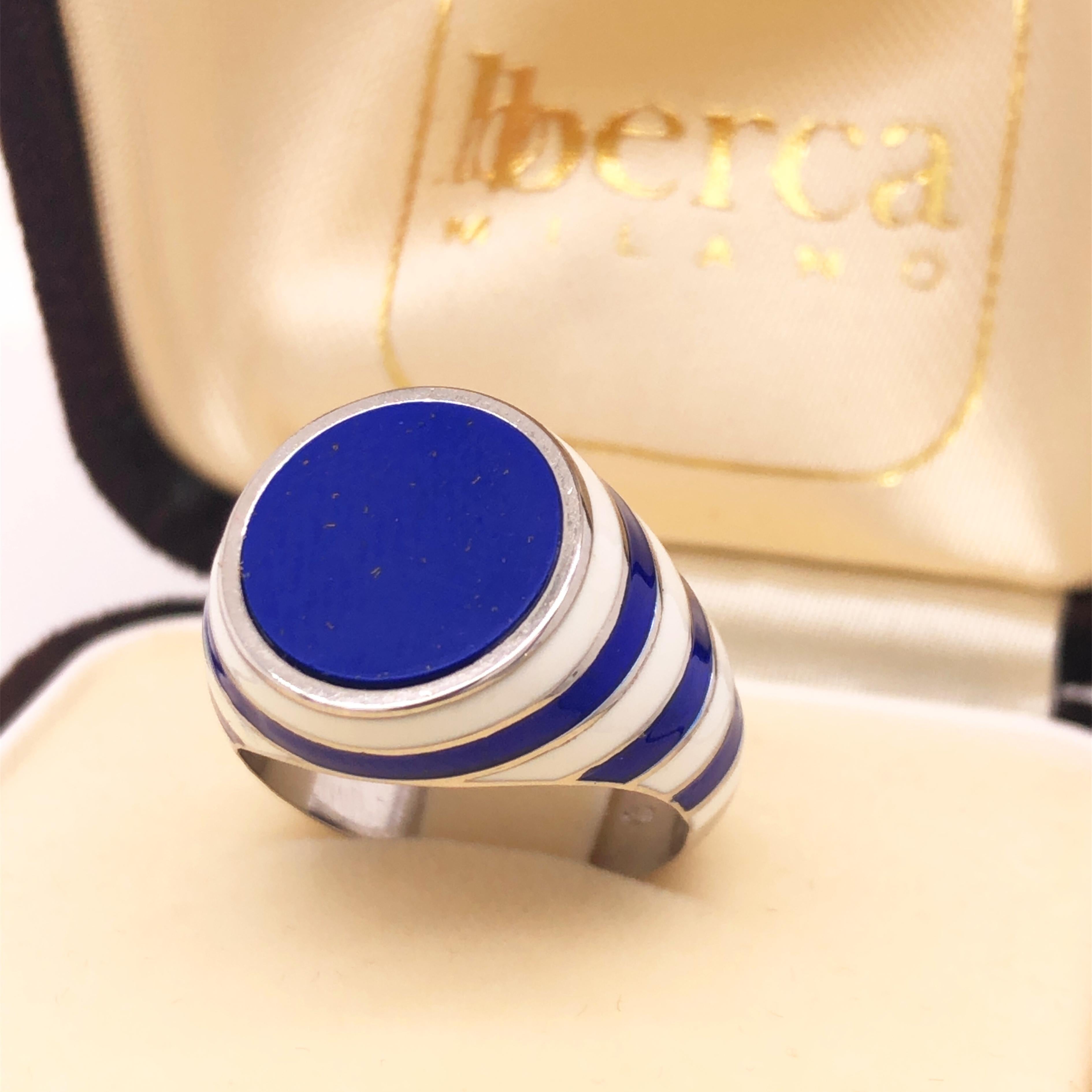 Round Cut Berca Lapis Lazuli White Blue Enameled Sterling Silver Cocktail Ring For Sale