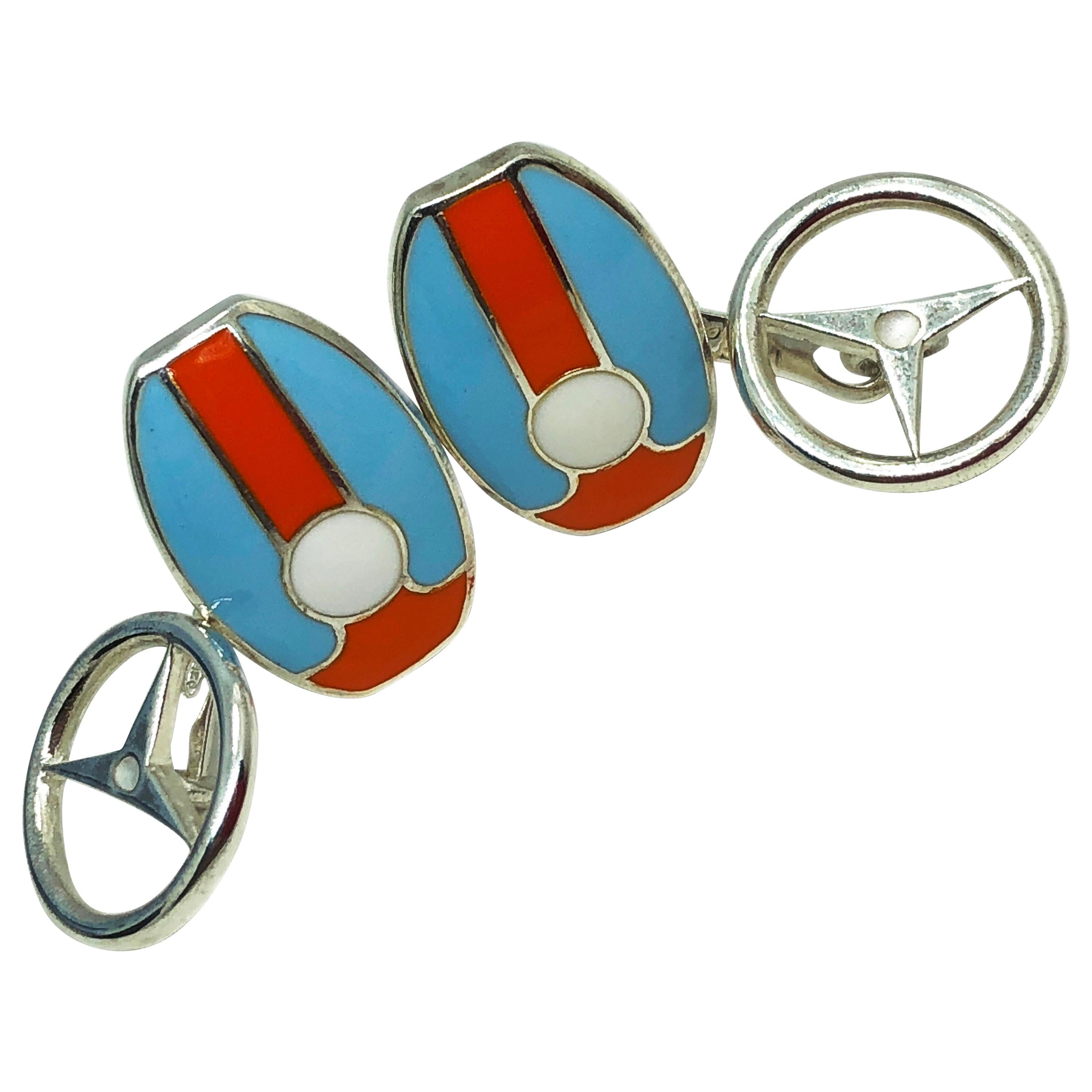 Berca Le Man Race Gulf Colors Hand Enameled Wheel Back Sterling Silver Cufflinks