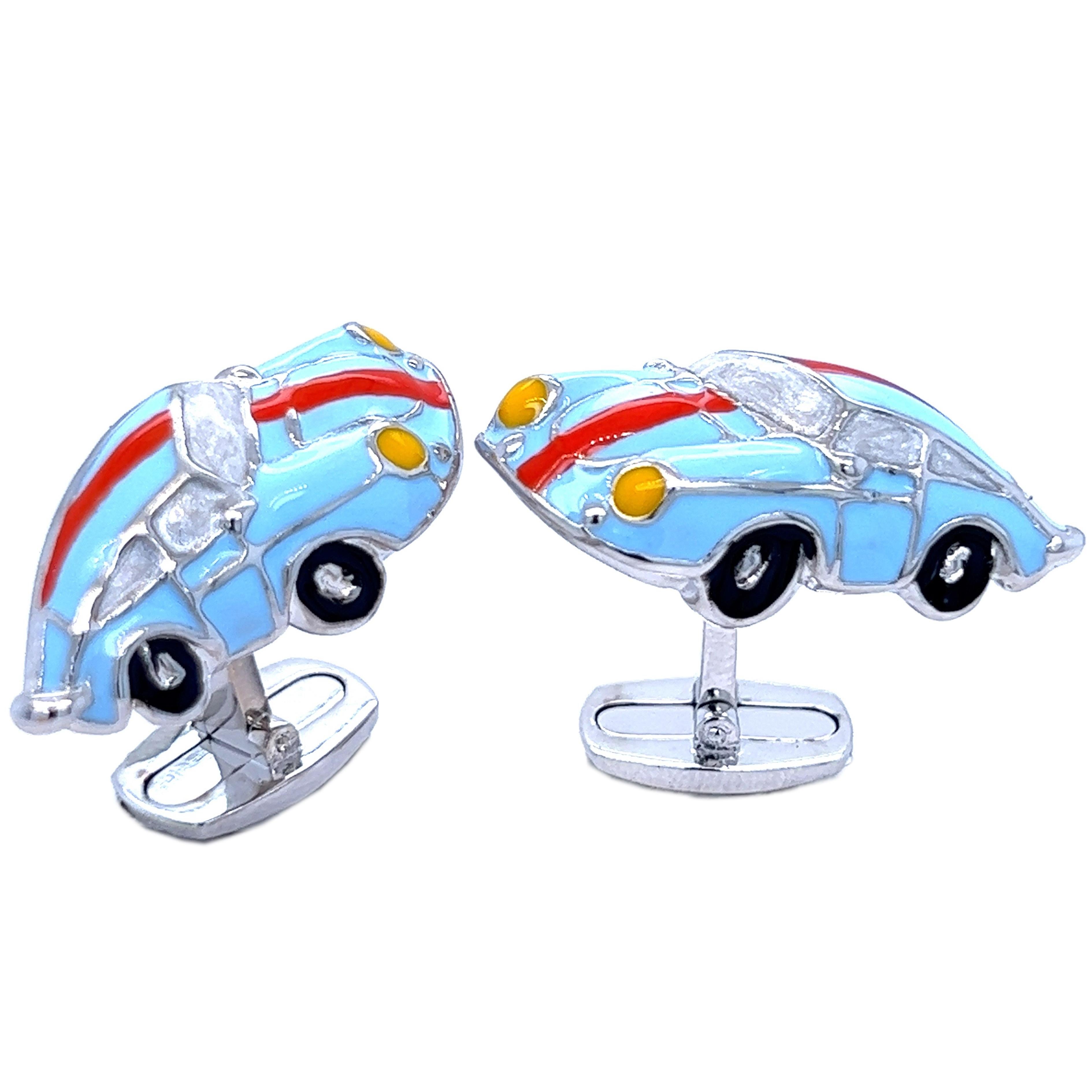 Unique Le Man's Racing Color 911 Porsche Shaped Hand Enameled Sterling Silver Cufflinks, T-Bar Back 
These cufflinks are handcrafted by the fine craftsmen of the Berca atelier in Italy and are delivered in an elegant box. Each jewel we produce is