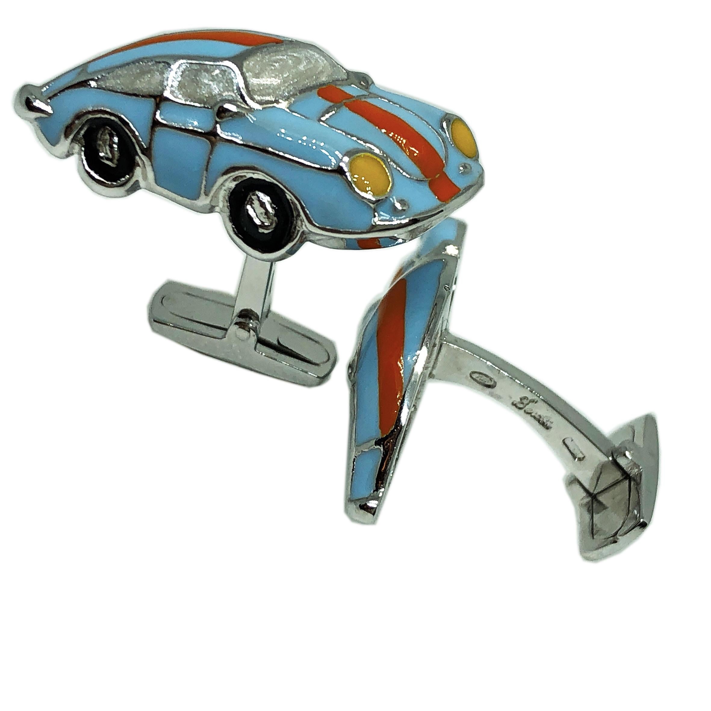 Contemporary Berca Le Man Racing Color 911 Porsche Shaped Enameled Sterling Silver Cufflinks