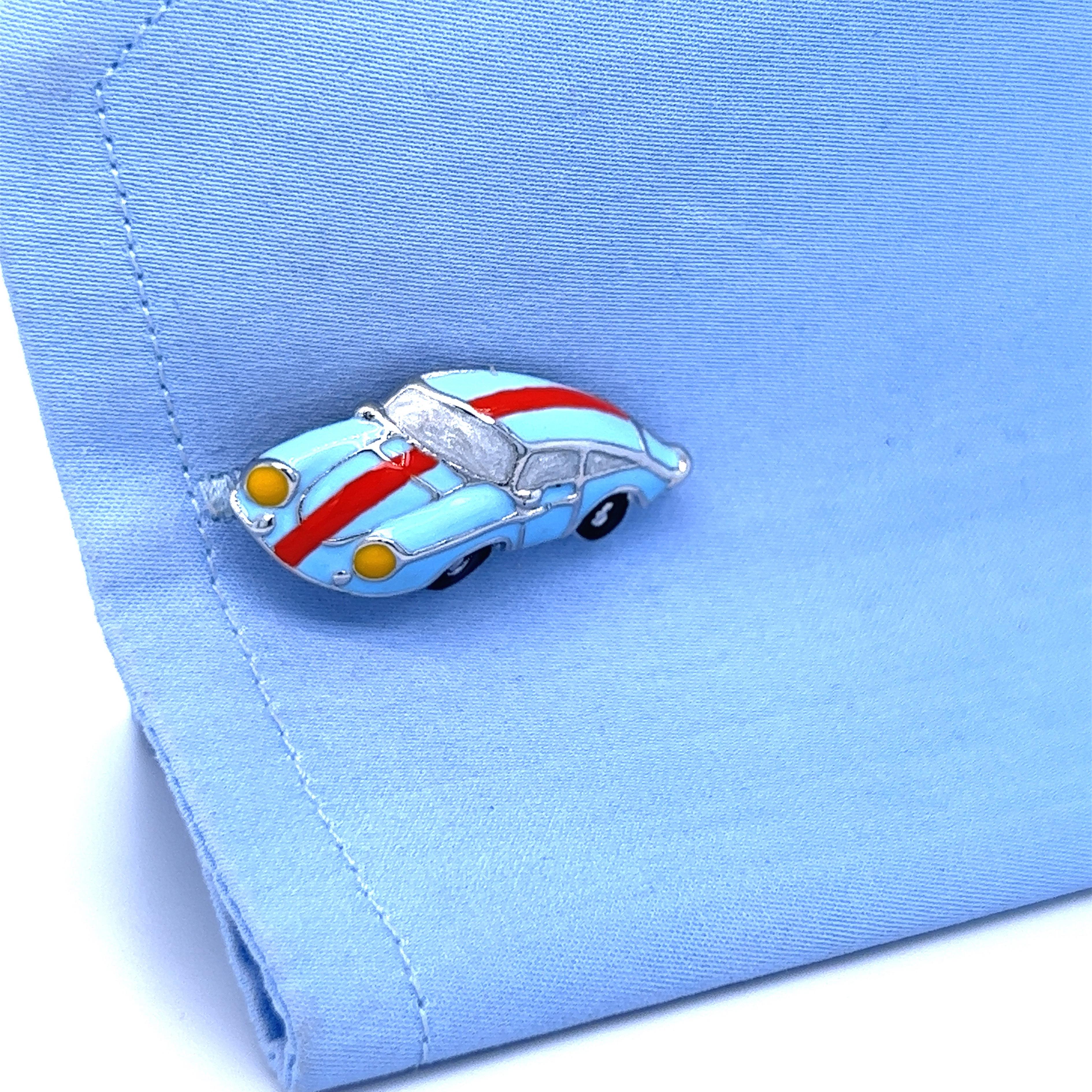 Contemporary Berca Le Man Racing Color 911 Porsche Shaped Enameled Sterling Silver Cufflinks For Sale