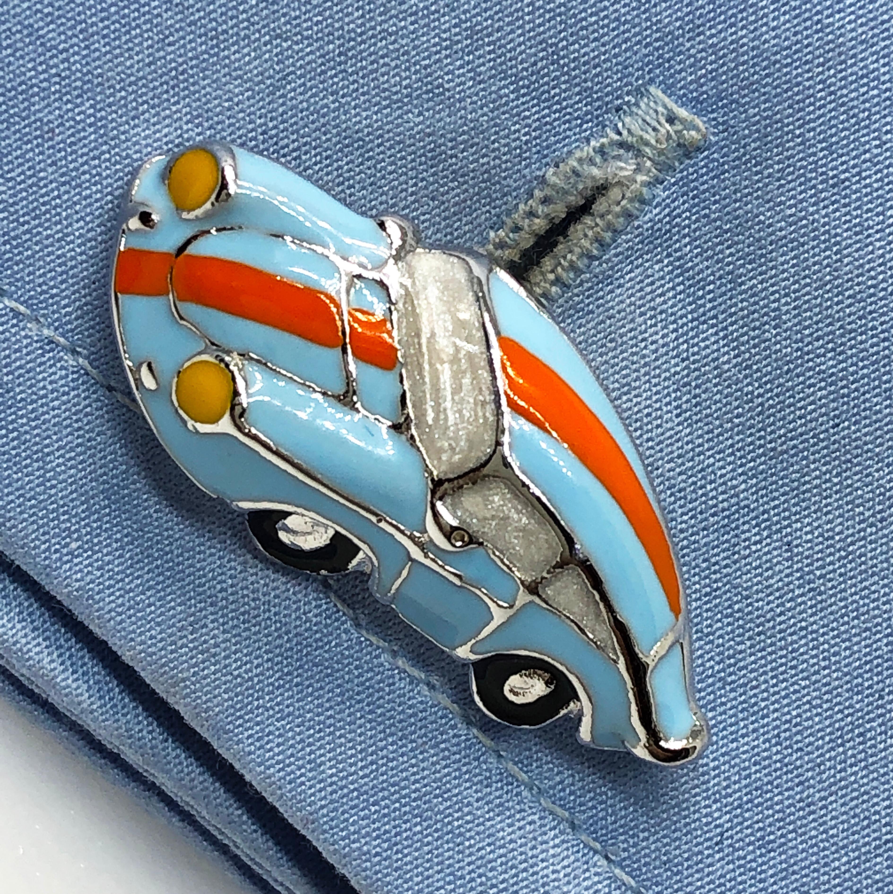 Berca Le Man Racing Color 911 Porsche Shaped Enameled Sterling Silver Cufflinks In New Condition In Valenza, IT