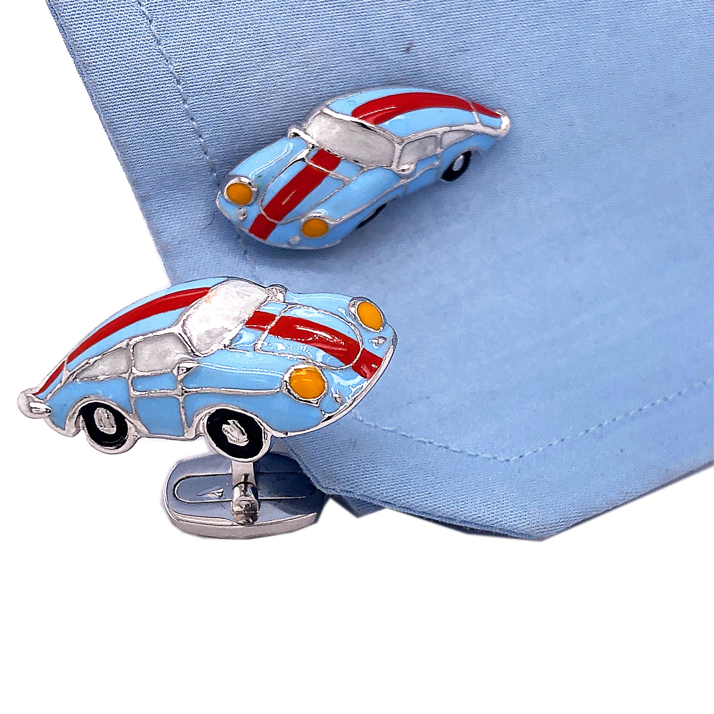 Berca Le Man Racing Color 911 Porsche Shaped Enameled Sterling Silver Cufflinks In New Condition For Sale In Valenza, IT