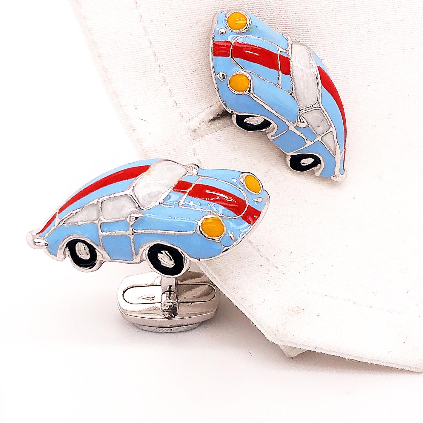 Berca Le Man Racing Color 911 Porsche Shaped Enameled Sterling Silver Cufflinks 3