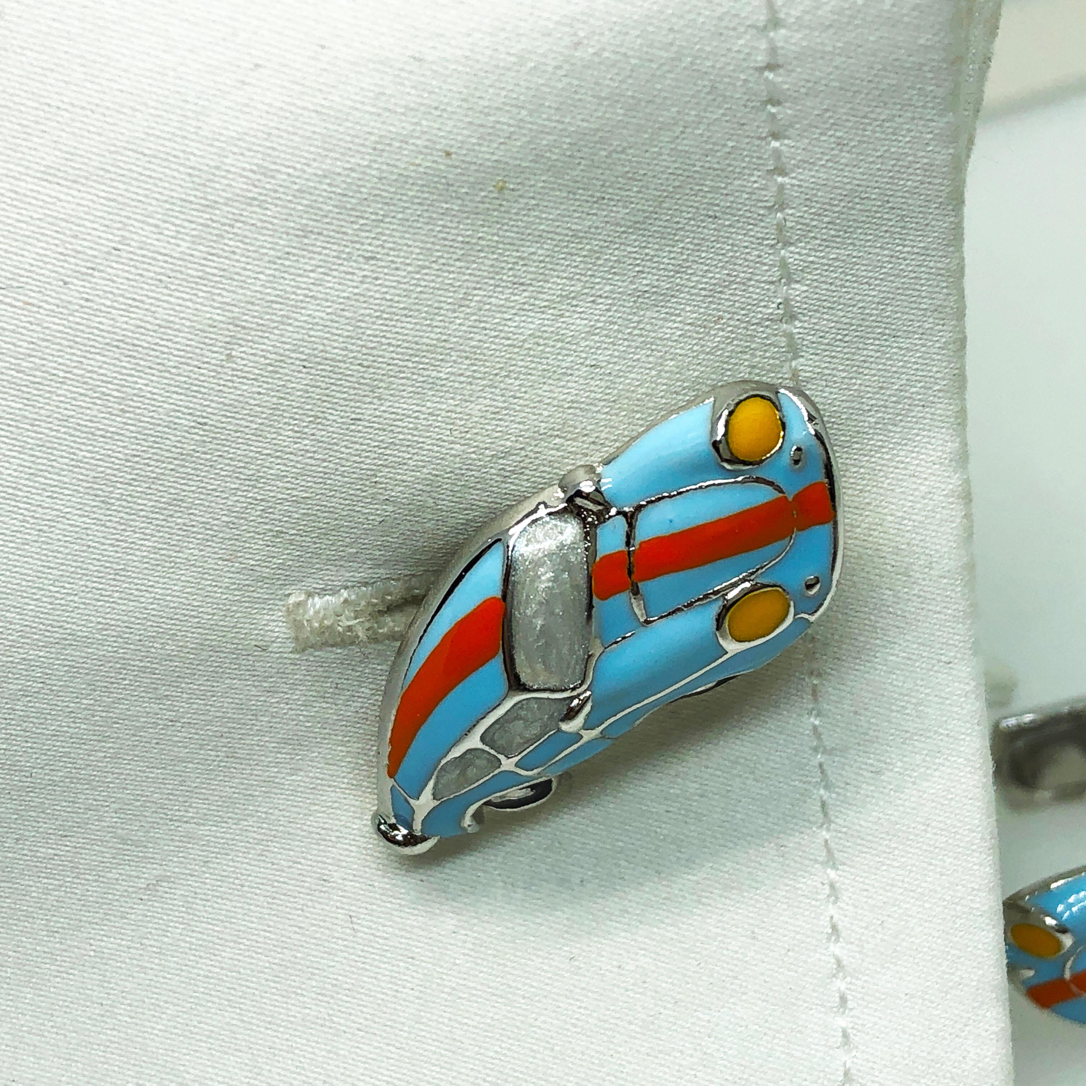 Berca Le Man Racing Color 911 Porsche Shaped Enameled Sterling Silver Cufflinks 1