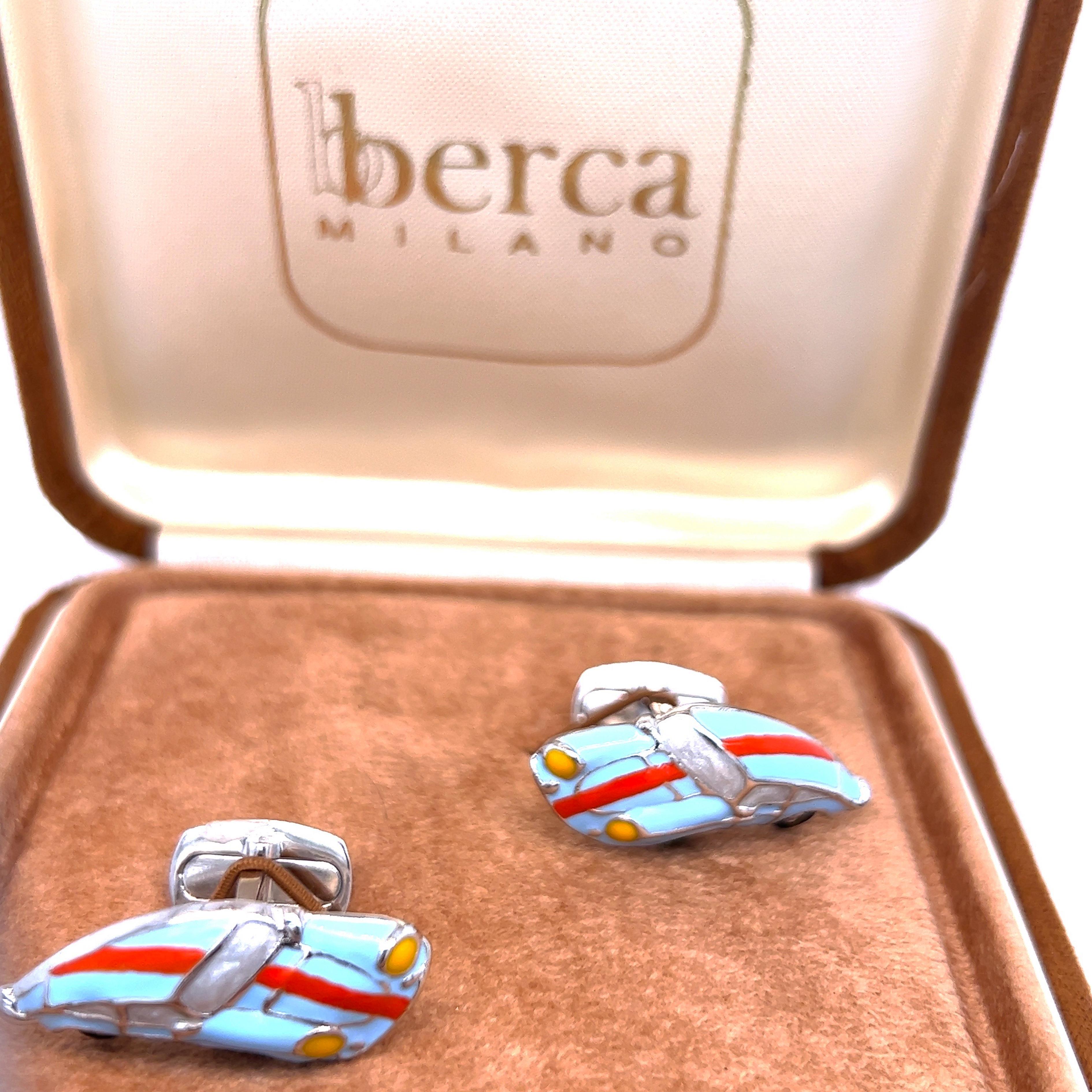 Berca Le Man Racing Color 911 Porsche Shaped Enameled Sterling Silver Cufflinks For Sale 1