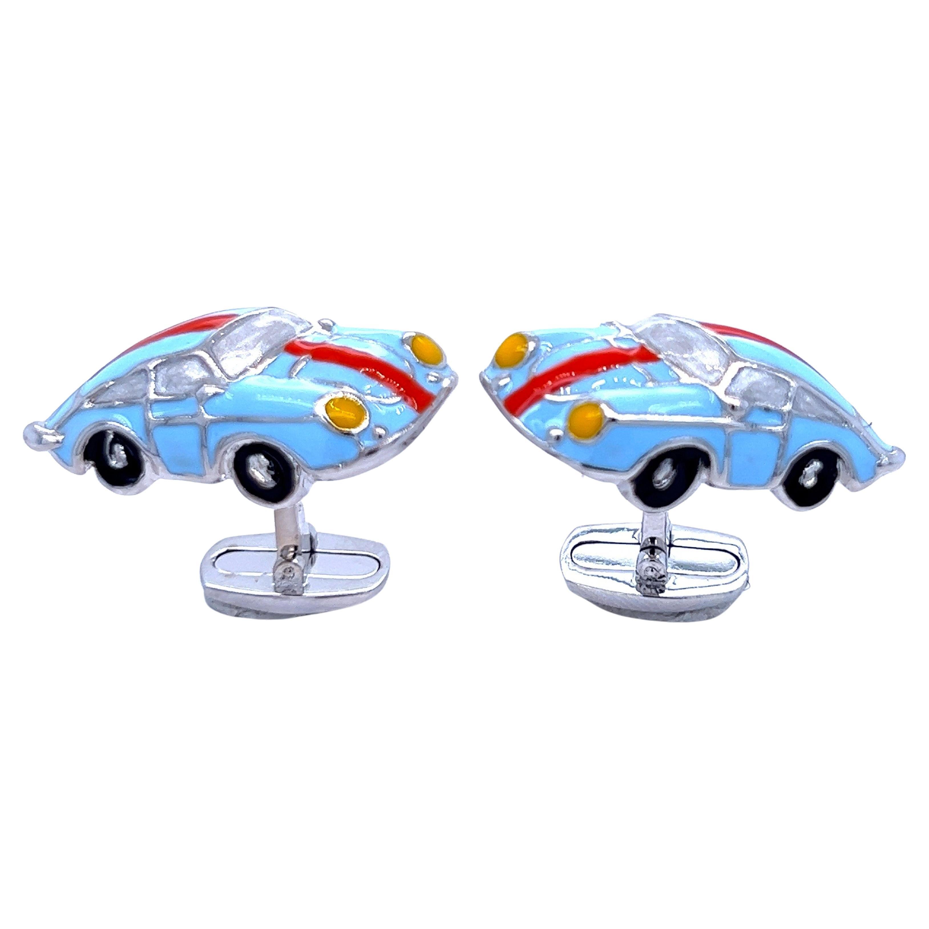 Berca Le Man Racing Color 911 Porsche Shaped Enameled Sterling Silver Cufflinks For Sale