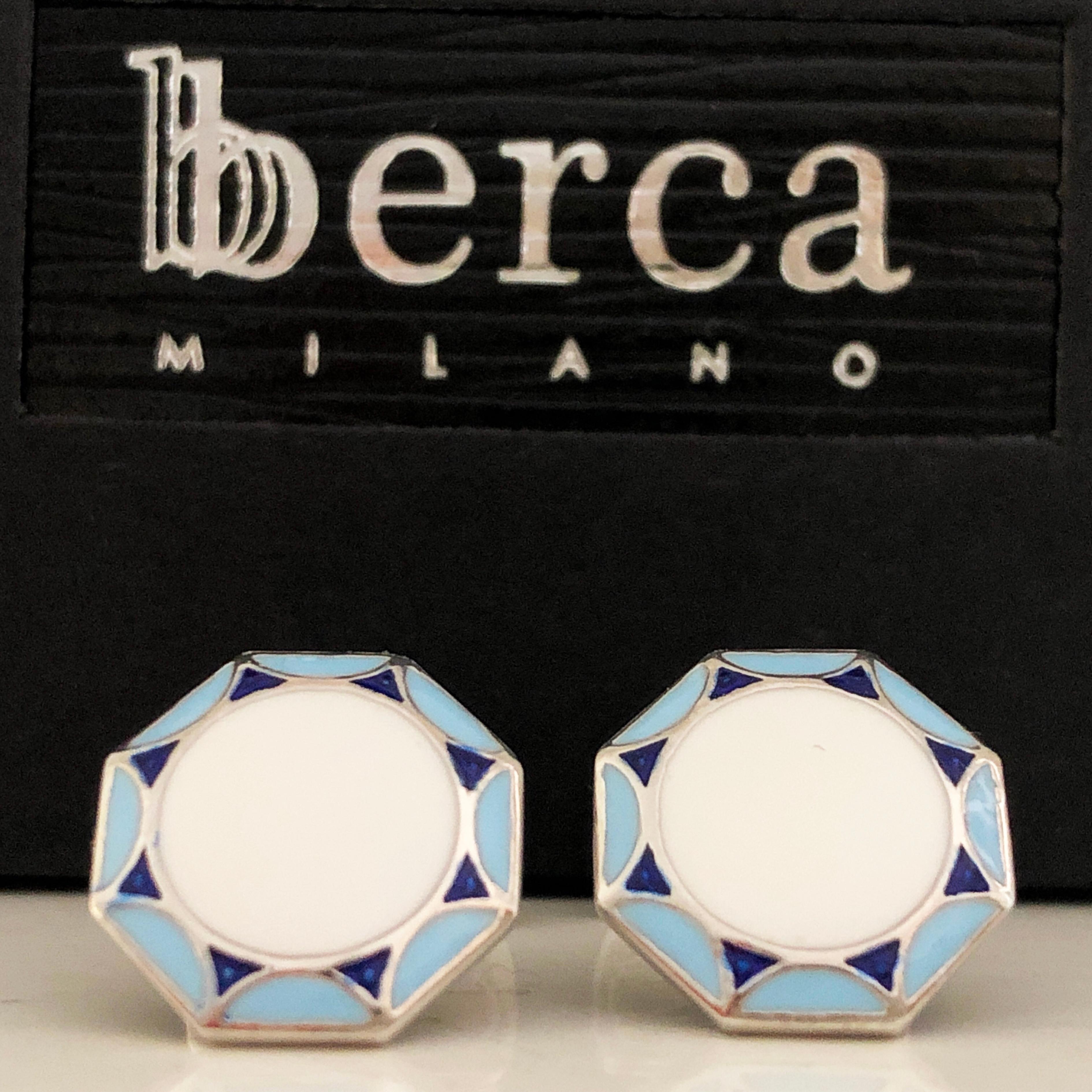 Chic yet Timeless Octagonal White, Light Blue, Navy Blue Hand Enamelled Sterling Silver Cufflinks, T-bar back.
In our Smart Black Box and Pouch.

Front Diameter about 0.55 inches.
