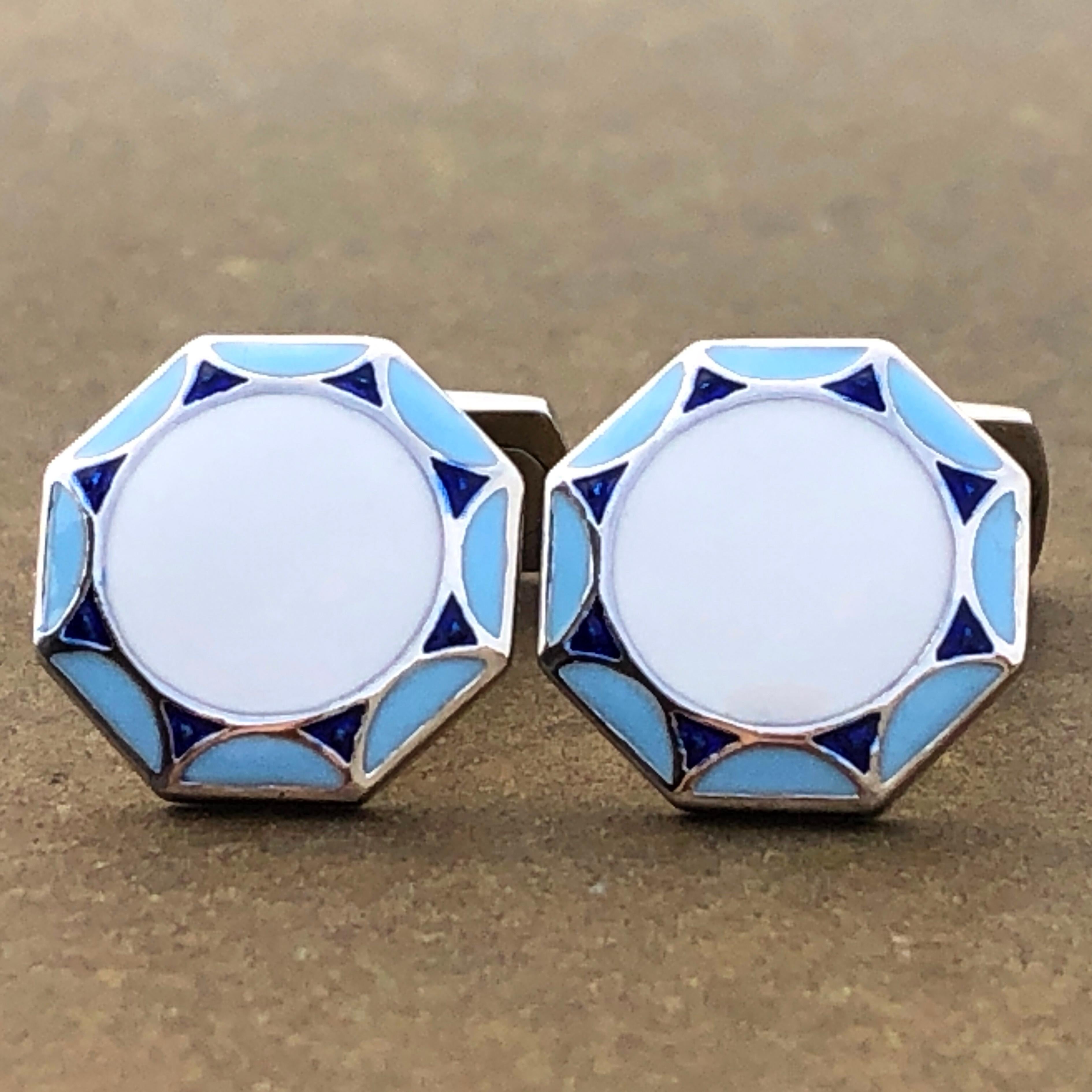 Berca Light Blue White Navy Blue Enameled Sterling Silver Cufflinks T-Bar Back In New Condition In Valenza, IT